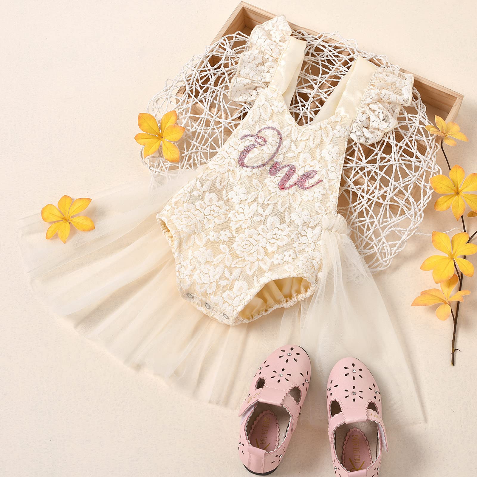 Baby Girl First Birthday Outfit Ruffle Short Sleeve Floral Lace Romper Tulle Dress Backless Jumpsuit Lace Romper Tutu Dress+ Baby Flower Crown Cake Smash Party Outfits Photo Shoot Beige 9-12 Months