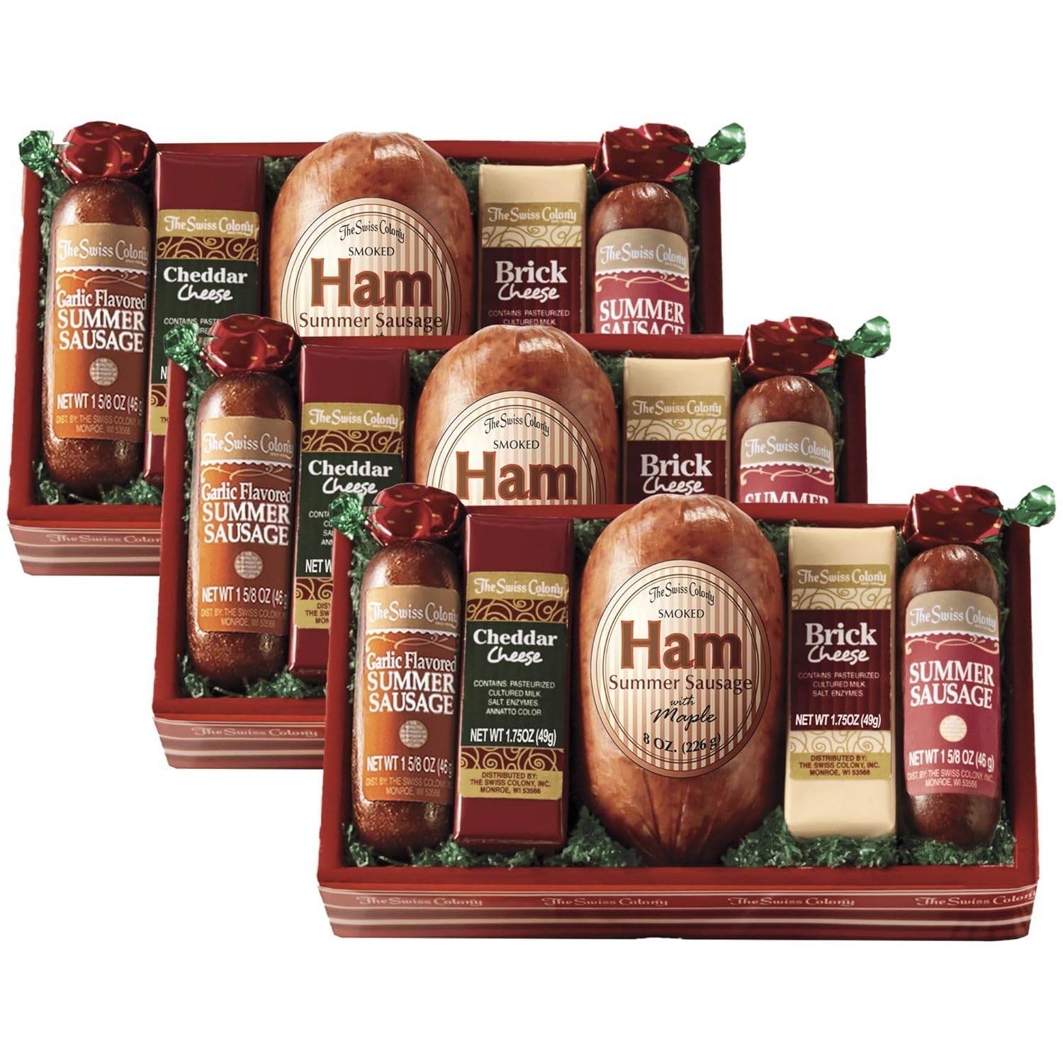 2 Holiday Gift Boxes - The Swiss Colony High 5 Food Bundle - Assorted Summer Sausages and Cheeses, Includes 2 Gift Boxes