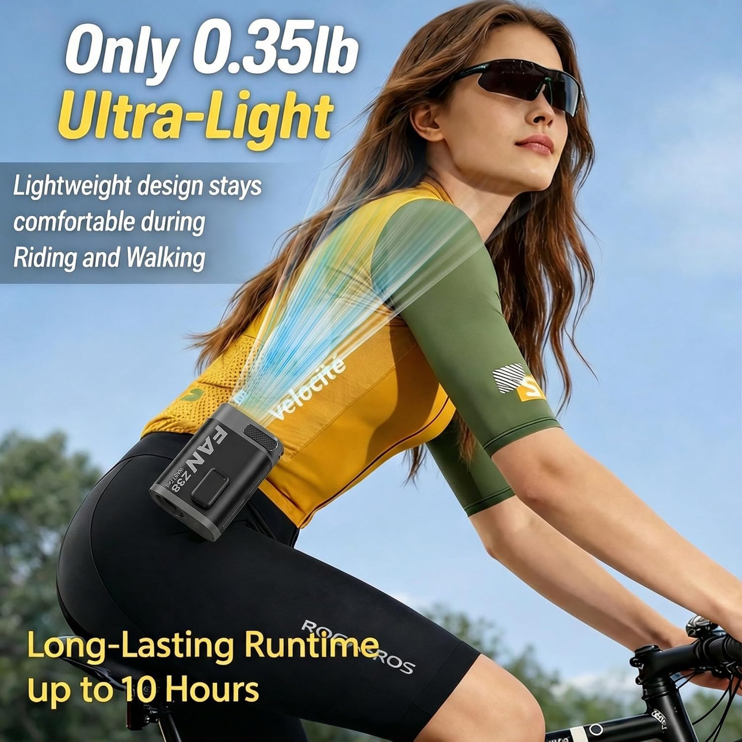 Upgraded Portable Waist Clip Fan, 0.35lb Ultra-Light Wearable Fan, 3000mAh 8Hrs Battery, 4 Speeds, 360° Adjustable with Lanyard & LED Light, Hands Free Cooling Fan for Workout Camping Travel (Black)