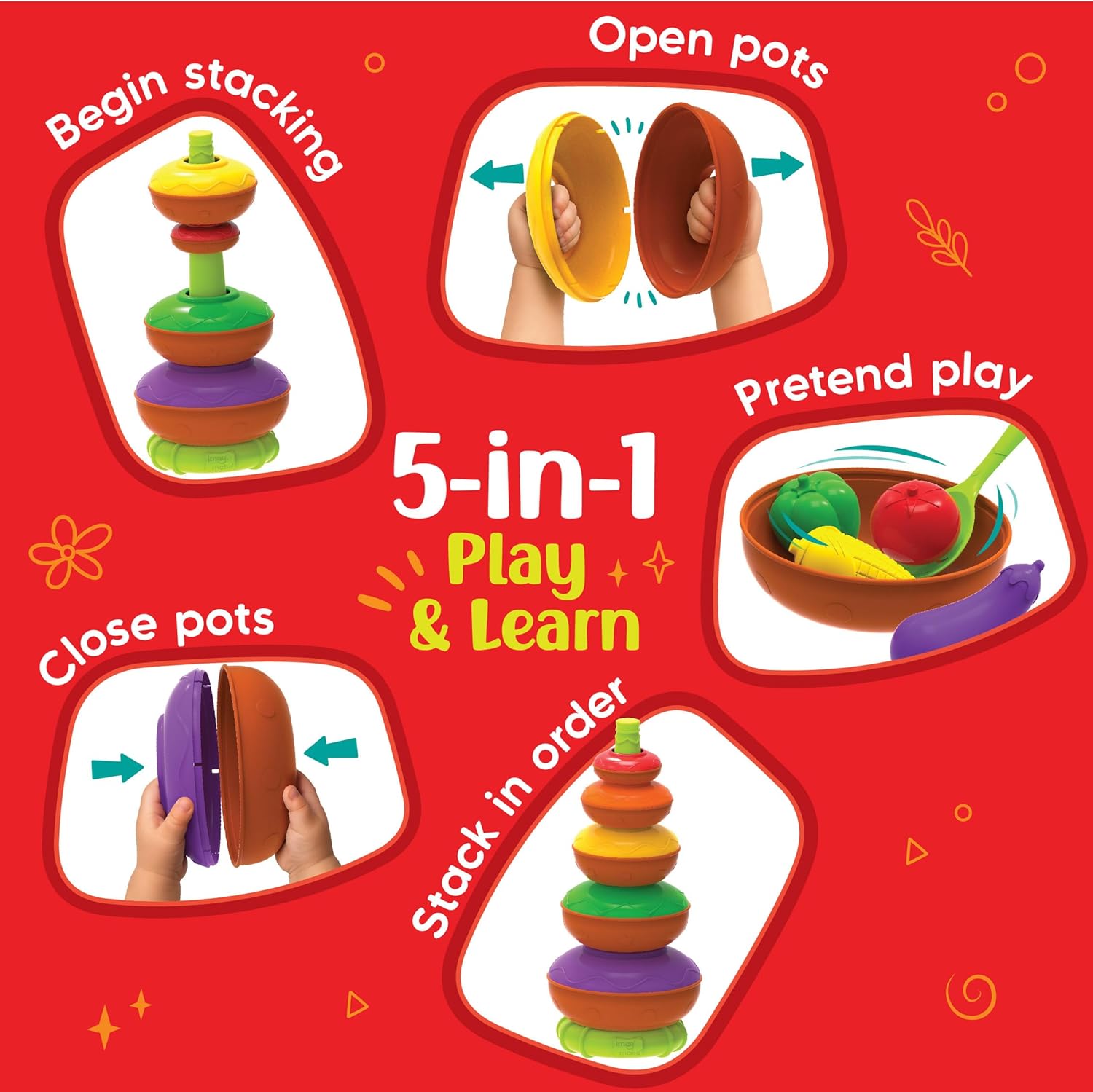 Imagimake Stacking Pots Toys | Leaps & Bounds 6+ Month Old Baby Toy | Learning Toy for Infant & Toddler | 5-in-1 Play & Learn | Stacking, Nesting, Pretend Play | First Birthday Gifts for Girls & Boys