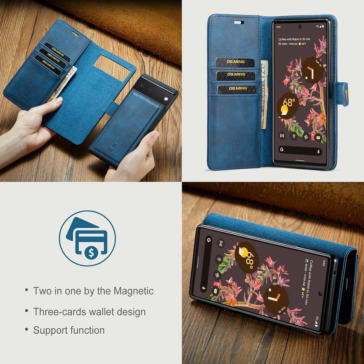 Detachable 2 in 1 Split Magnetic Flip Folio Wallet Case Compatible with Google Pixel 6 Genuine Leather Phone Case with 3 Card Holder Slots Kickstand Shockproof Cover(Blue)