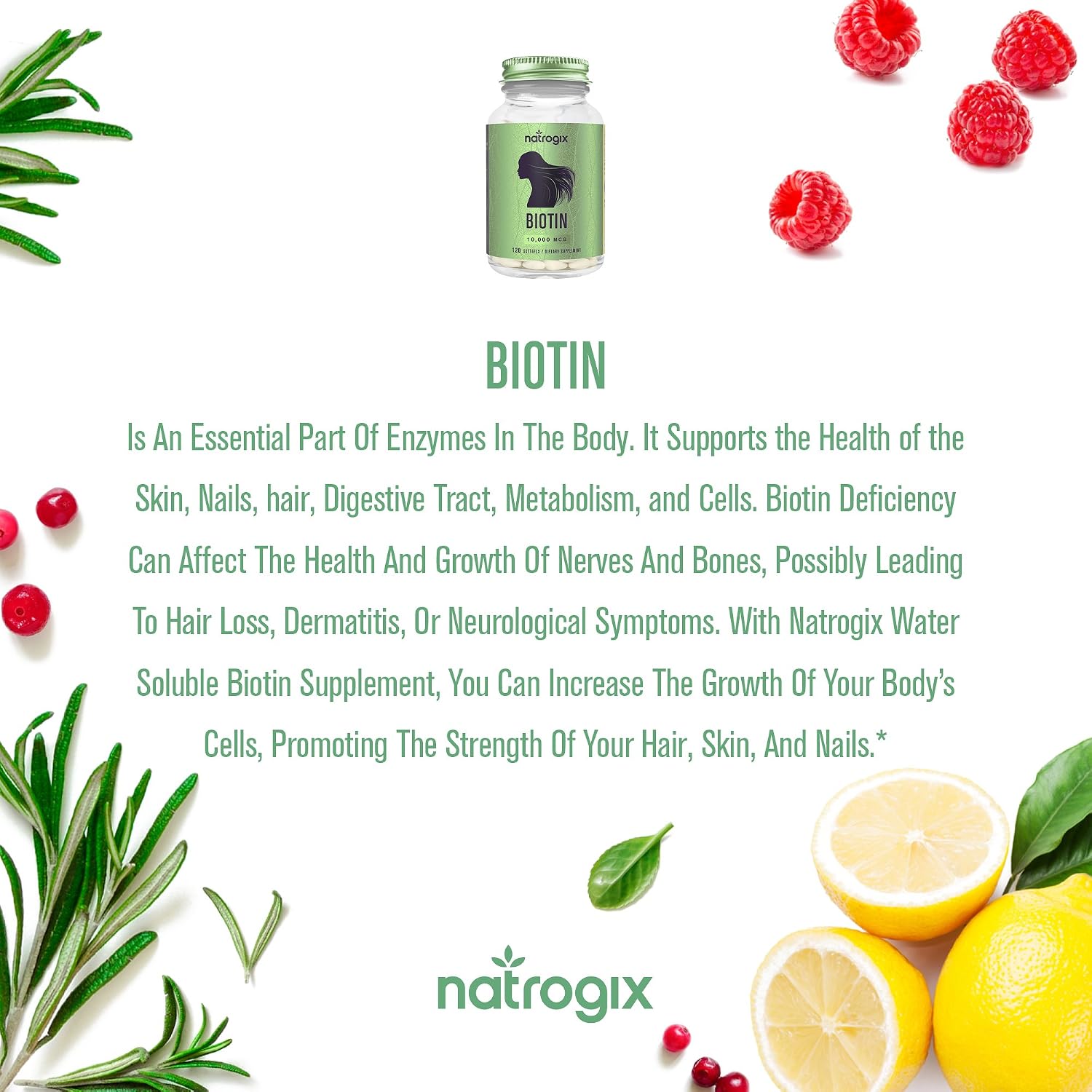 Biotin High Potency 10000 Mcg Per Veggie Softgel by Natrogix - Hair Loss Product Supports Hair Growth, Glowing Skin and Strong Nails - 120 Mini-Veggie Softgels for Better Absorption