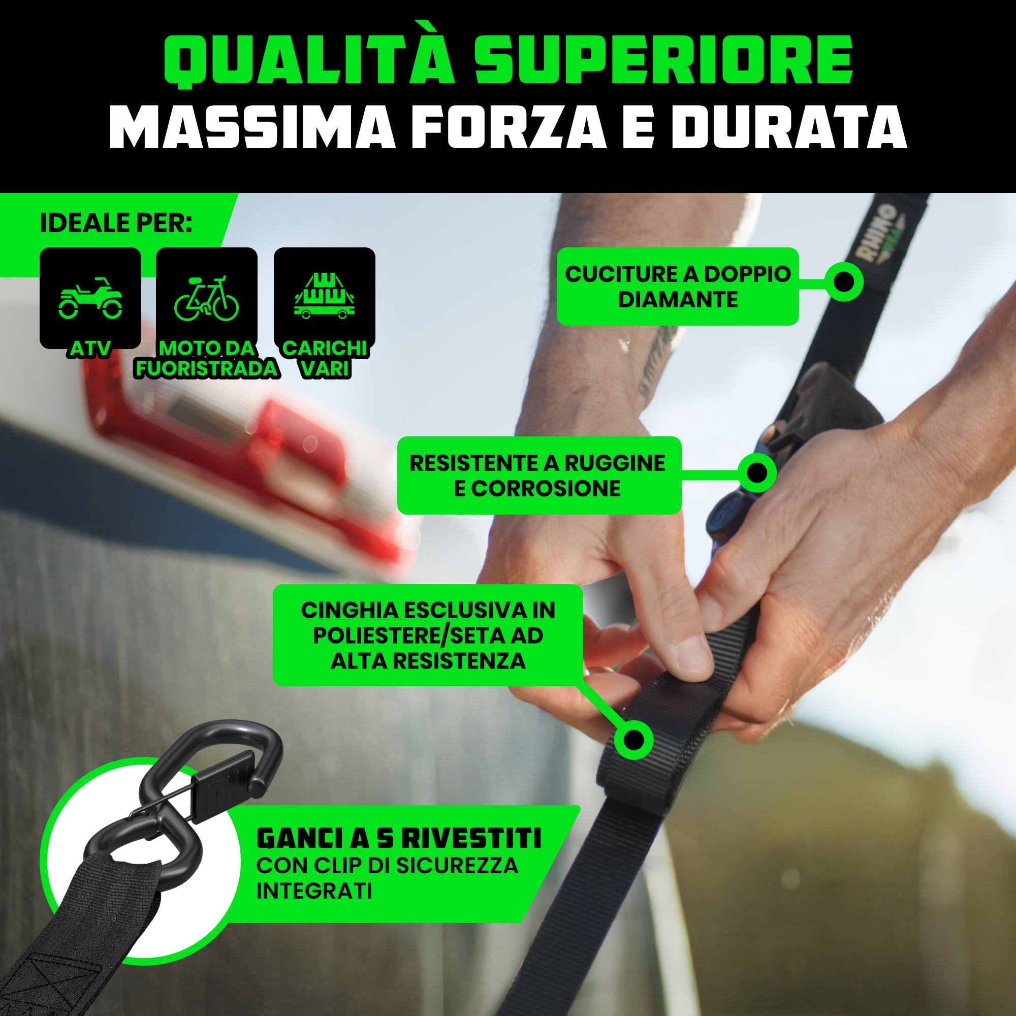 Cinghie a Cricchetto Rhino USA (4-Pack) - 2.5 cm x 4.6 m (800 kg di Resistenza alla Rottura) - Ganci a S di Sicurezza - Cinghie Premium per Camion, Carichi, Traslochi, Elettrodomestici - Nero