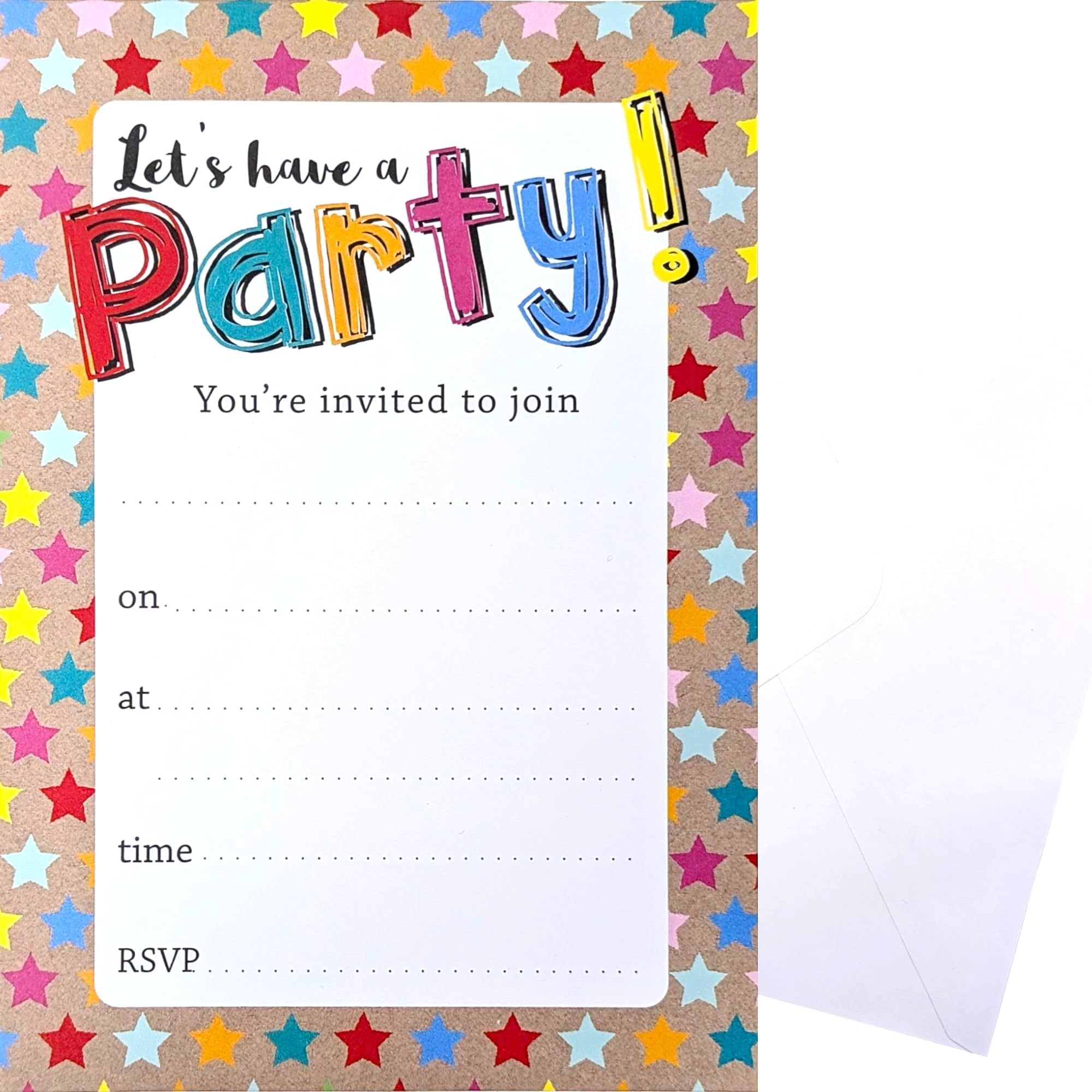 YLAB - 20 Party Invitations with White Envelopes | Colourful Star Design | Birthday, Engagement, Kids & Adults Party Invites | Fill-in Style | 19 x 13 cm | Fun Celebration Invitations