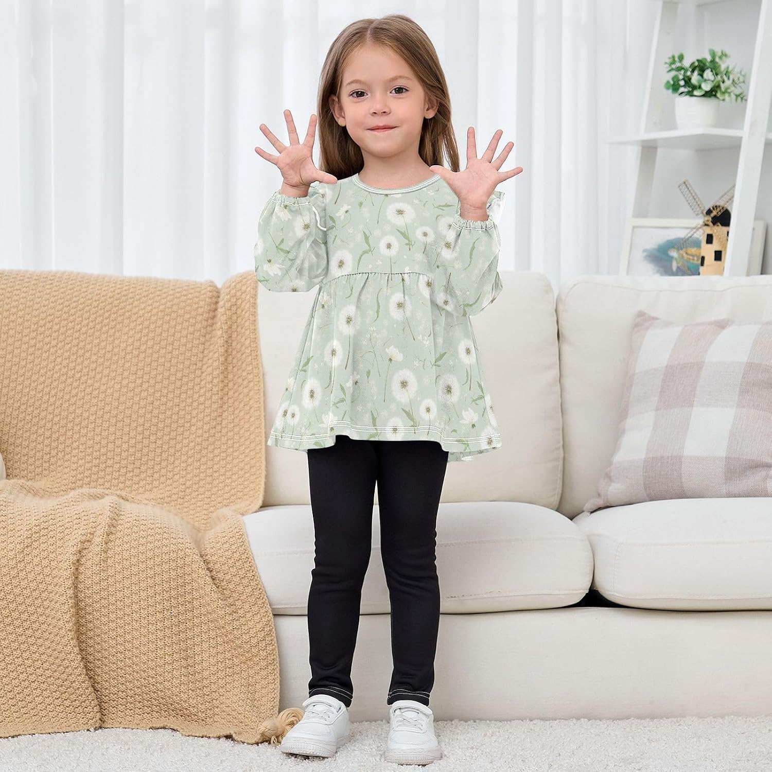 visesunny Toddler Clothes for Girls Spring Dandelion Pattern Long Sleeve Fall Shirts Cotton Top with Ruffle Collar