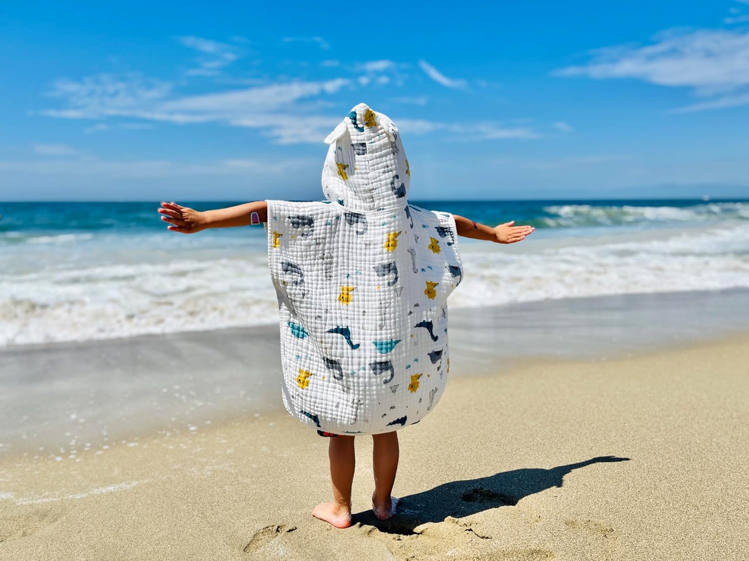 Baby Toddler Hooded Pouncho Towel Muslin Cotton Fast Drying Absorbent Ultra Soft and Breathable, Perfect for Shower Gift, Beach, Bath, Pool (White, Dinosaur)