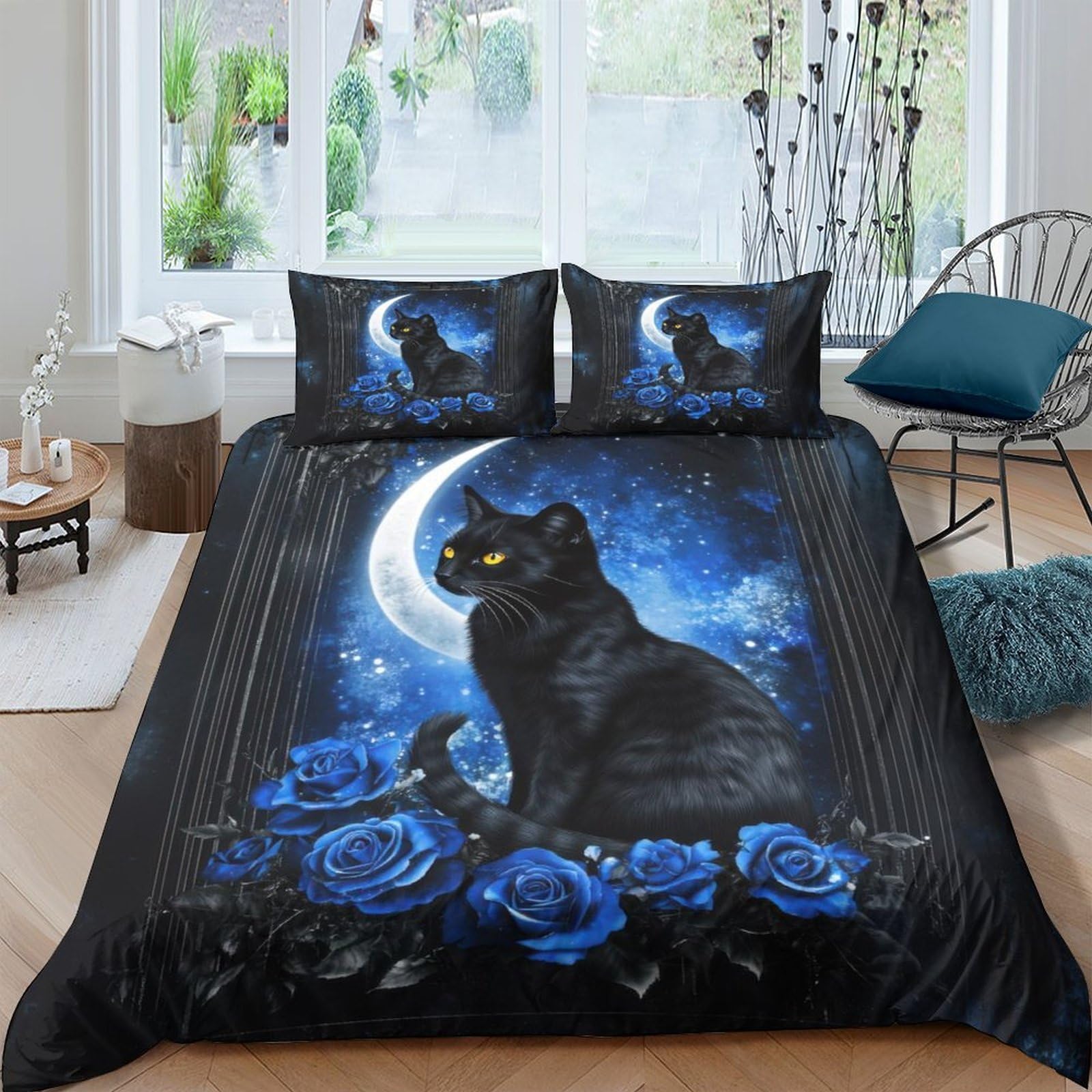 Ctjqhvkz Style-4 3D Printed Moon Night Cat Fitted Sheet Microfiber Soft Blue Rose Bed Cover For Bedroom Guest Room Decor Single（135X200cm）