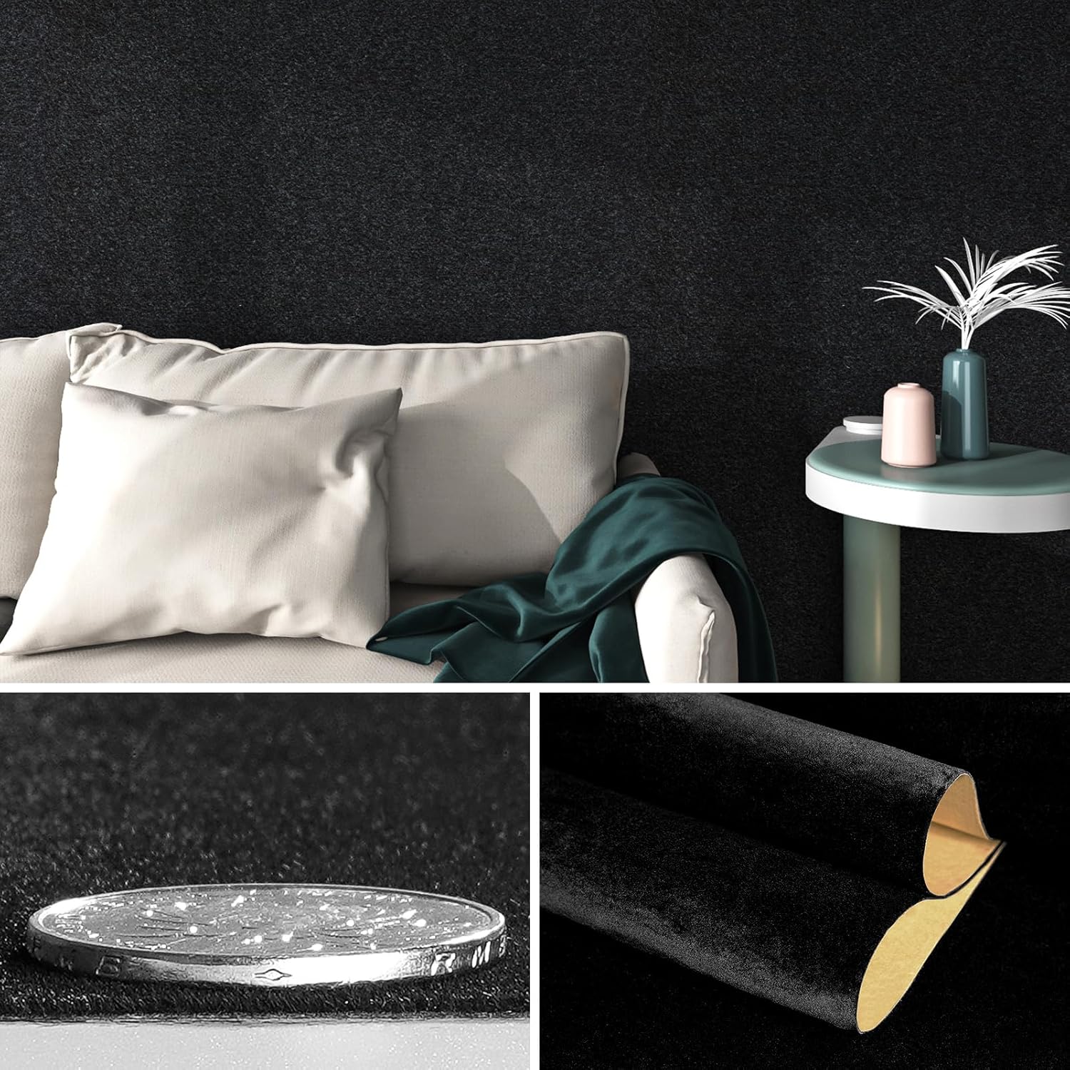 FunStick 15.8"x240" Modern Black Peel and Stick Wallpaper Velvet Wallpaper Textured Velvet Fabric Black Wall Paper for Bedroom Living Room Wall Decor Removable Black Contact Paper for Cabinets Dresser