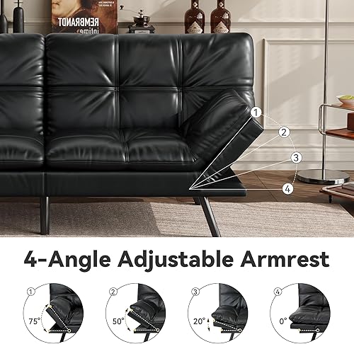 Miniatura 31 de Vyfipt Sofá cama tipo futón, sofá pequeño de espuma viscoelástica de piel sintética para sala de estar, sofá biplaza moderno con reposabrazos Negro