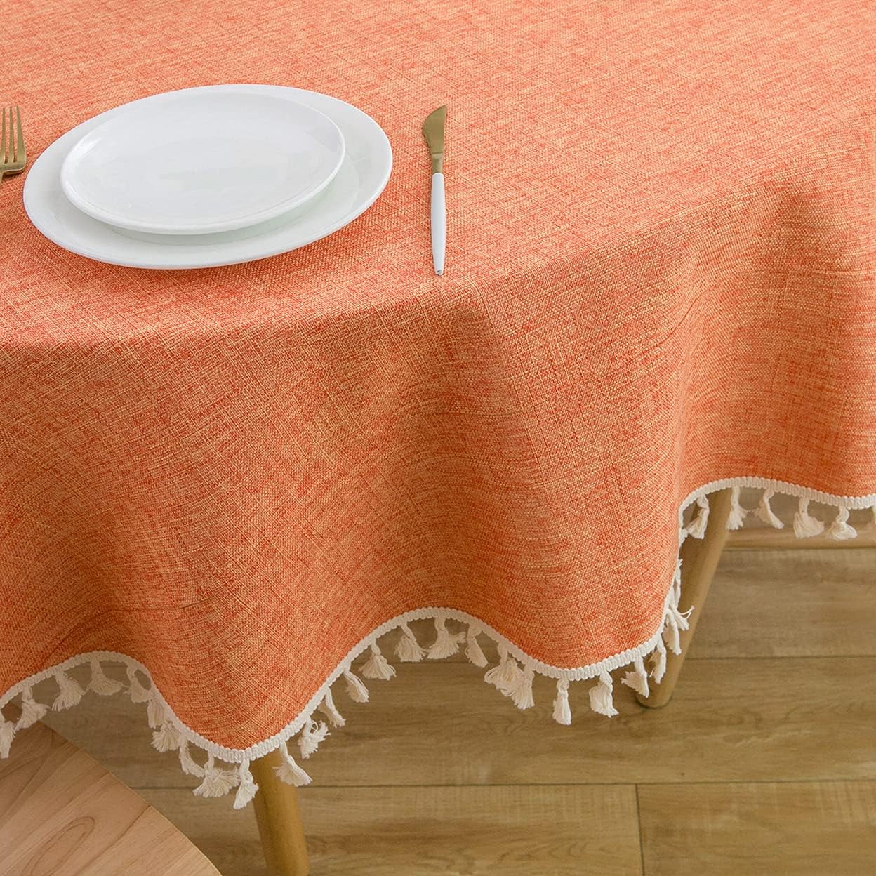 SPRICA Round Tablecloth, Cotton Linen Tassel Table Cover for Kitchen Dinner Table, Decorative Solid Color Table Desk Cover,Diameter 70", Orange Red : Home & Kitchen