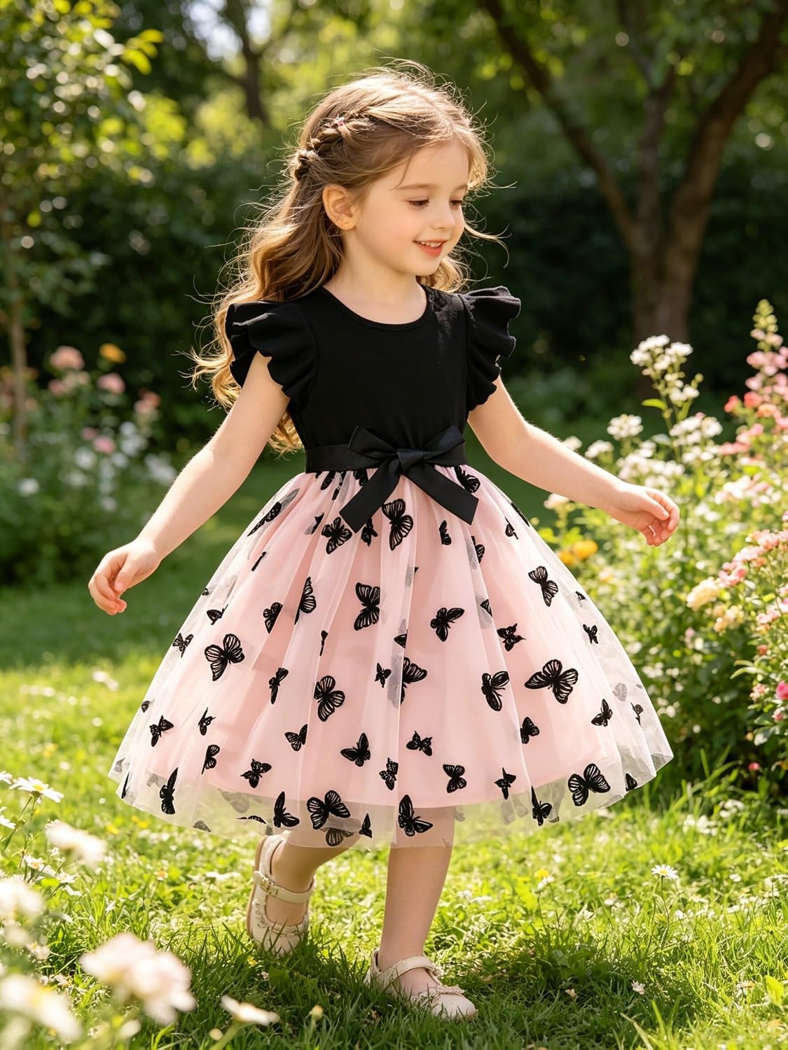 Girls Butterfly Print Tulle Dress with Ruffle Sleeves ， Girls' Clothing