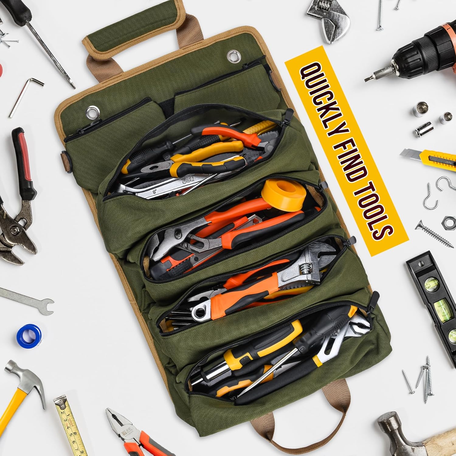 Tool Bag, Tool Bags for Men, Heavy Duty Tool Organizer, Portable Roll Up Tool Bag Gifts For Him, Mechanic, Electrician and Hobbyist, Car Tool Roll Organizer -Green