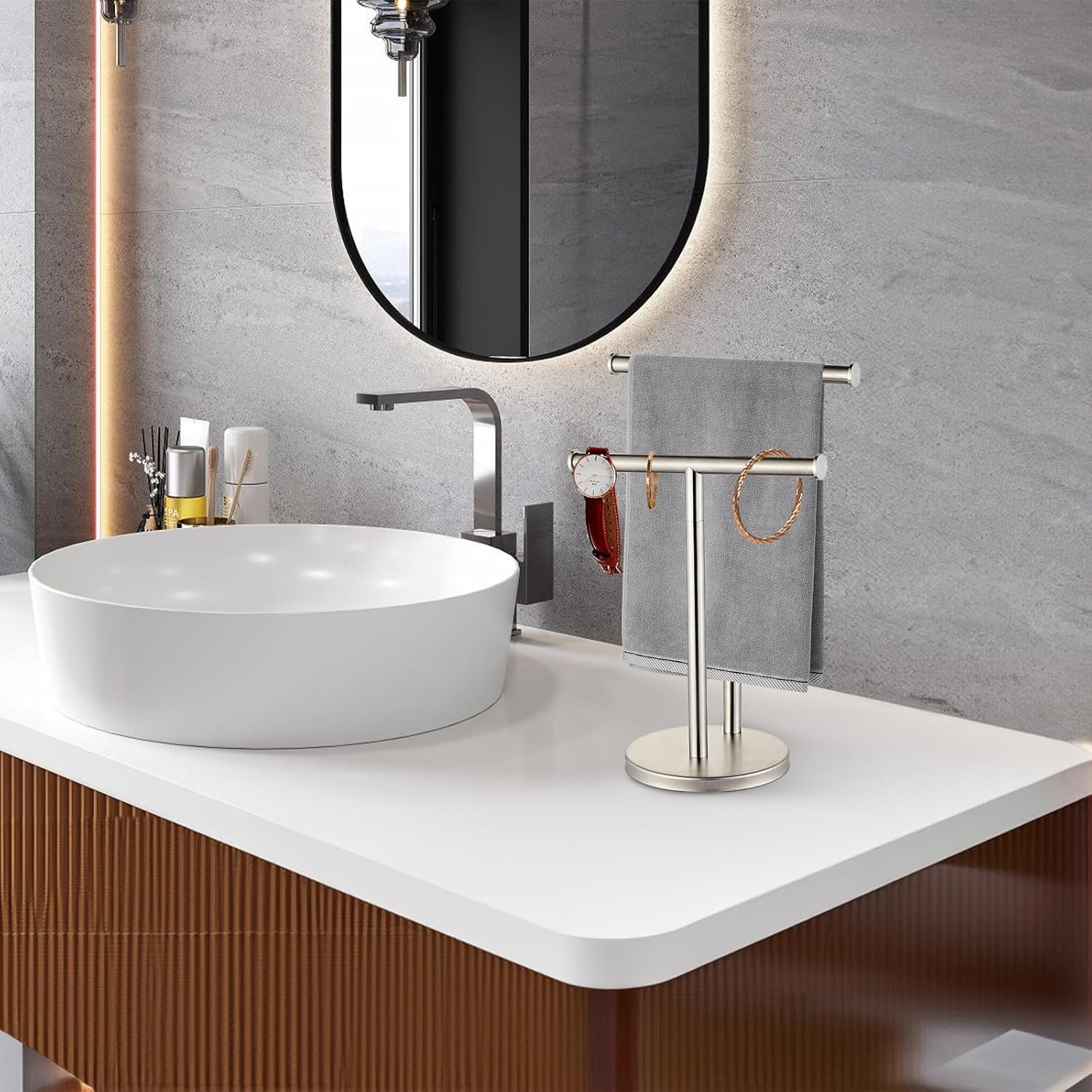 Hand Tower Holder Stand,Floor Standing T-Shaped Double-Layer Towel SUS304 Stainless Steel Bathroom Vanity Countertop,Brushed YIGUANXIN