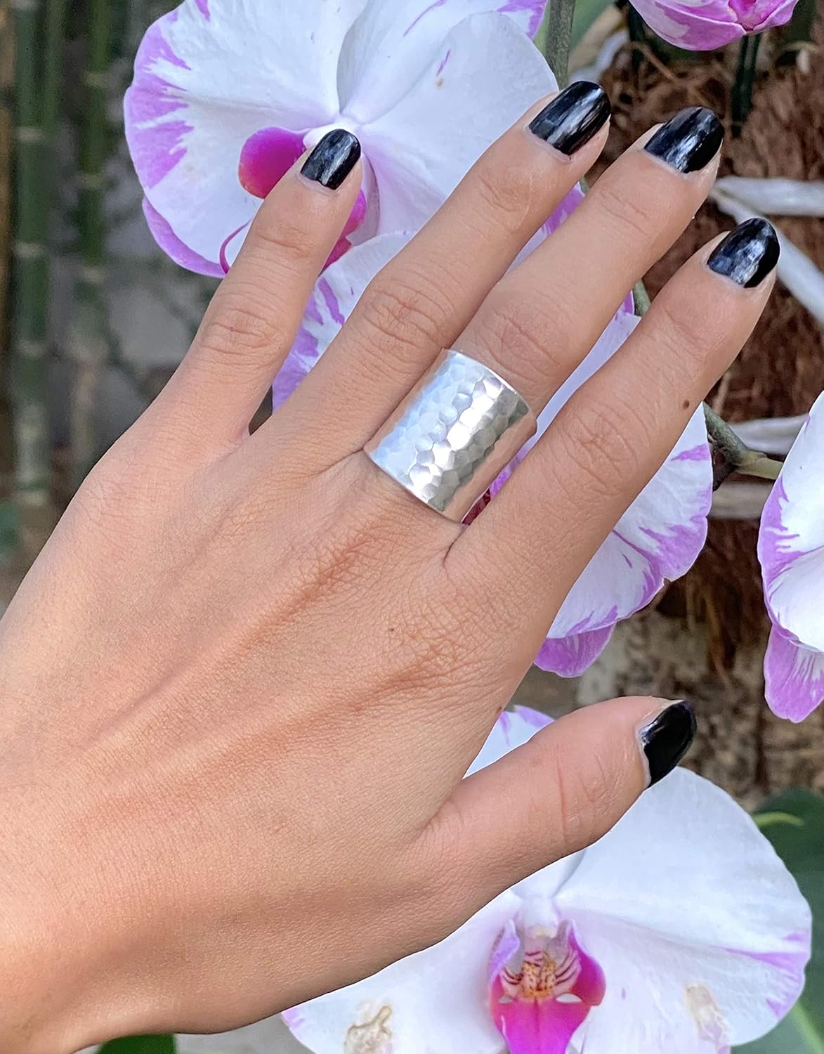 Hammered Sterling Silver Handmade Classic Wide Band Boho Statement Ring, Shiny Finish Wrap Band Adjustable to Sizes 6-12, Also as Thumb Ring, Gift for Her