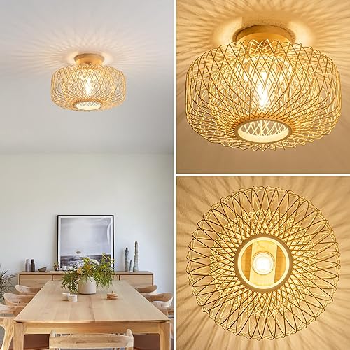 Miniatura 5 de Lámpara de techo de ratán bohemio de 13 pulgadas, bambú natural y madera tejida a mano, iluminación de granja de montaje empotrado para dormitorio,