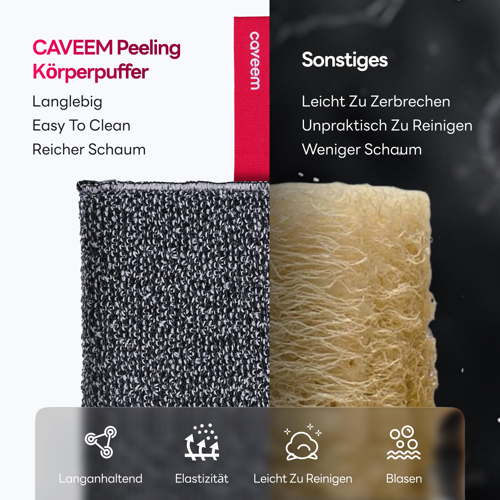 CAVEEM Peeling-Körperschwamm, Rauer Körper-Exfoliator zum Entfernen Abgestorbener Haut, Quadratischer Duschschwamm für Herren, Starker Bade- & Körperpuffer (2er-Pack)