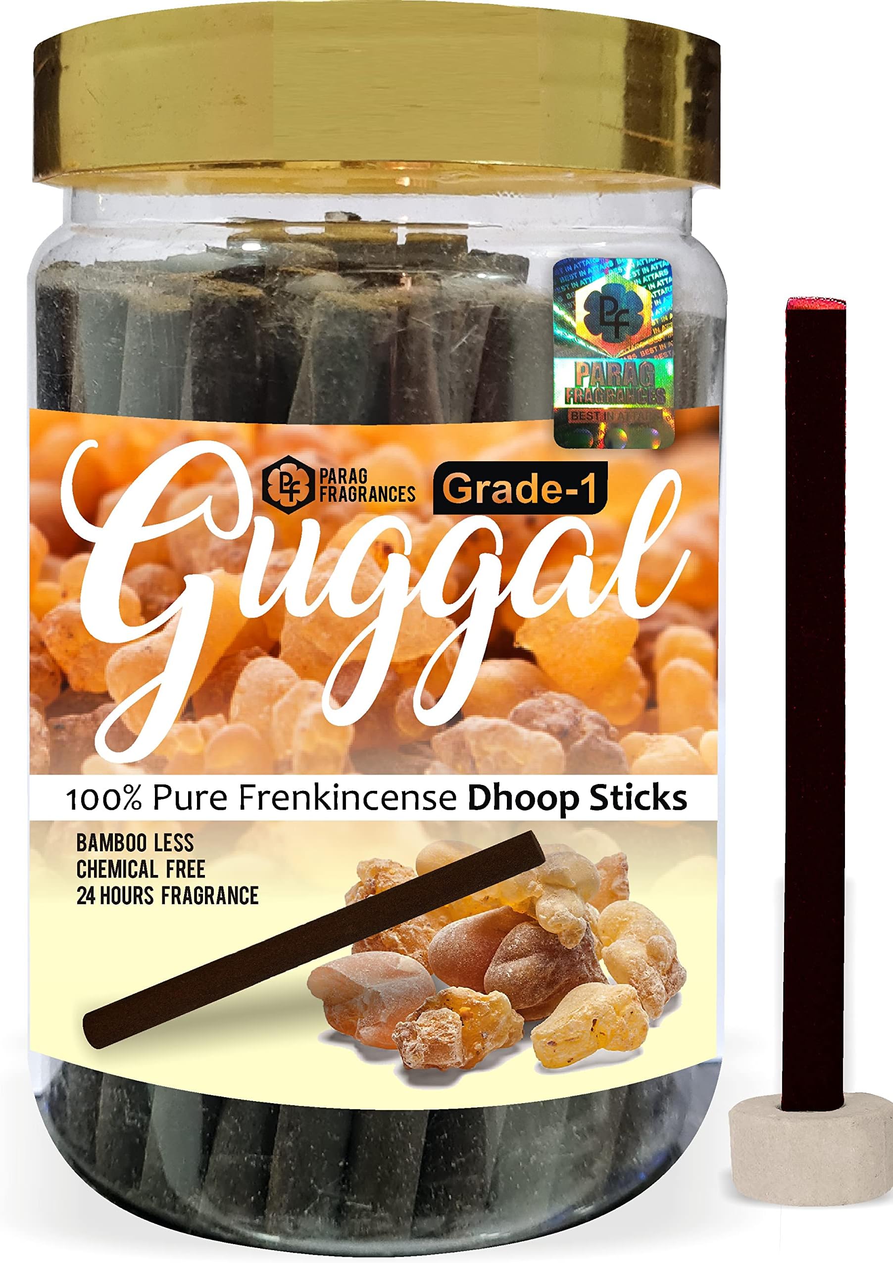 Parag Fragrances Guggal Dhoop Sticks/Frankincense Dhoop Batti Grade-1 Jar (Pack of 1 x 200Gm) Long Lasting Perfume for 24 Hours Home Fragrance/Meditation/Dhoop for Pooja/Free Dhoop Holder