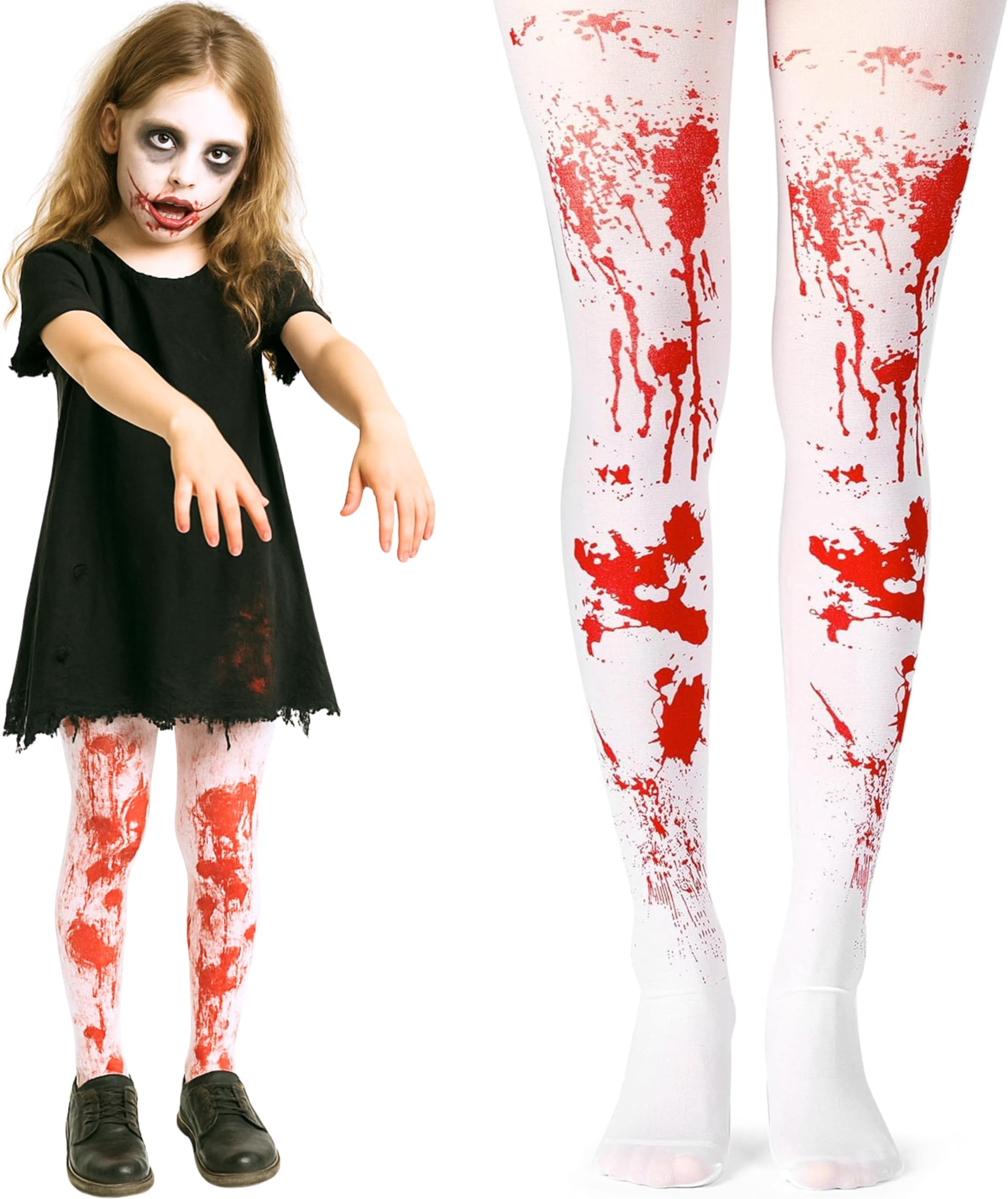 Girls Blood Stained Tights for Kids Halloween Costumes - Red and White Blood Stained Tights for Ages 7-12 - 1 Pair of Bloody Stockings for Zombie Girls Halloween Costumes Accessories