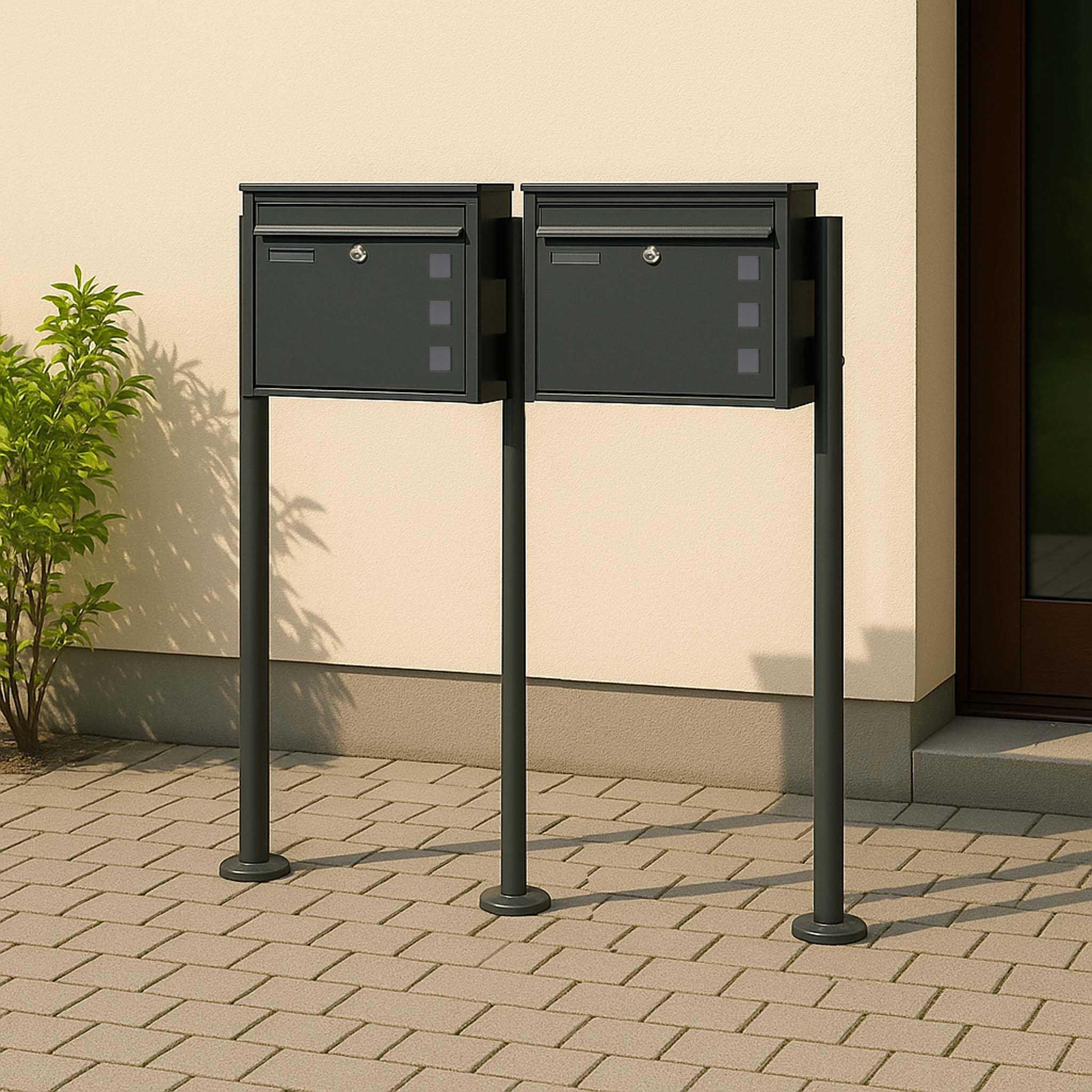 Wiltec Kit 2X Boîte aux Lettres V12 avec Pied de Support Double, Verrouillable, Couleur Anthracite, Acier galvanisé, 1000 x 150 x 1200 mm, avec Clapet, Fenêtres et Porte-nom