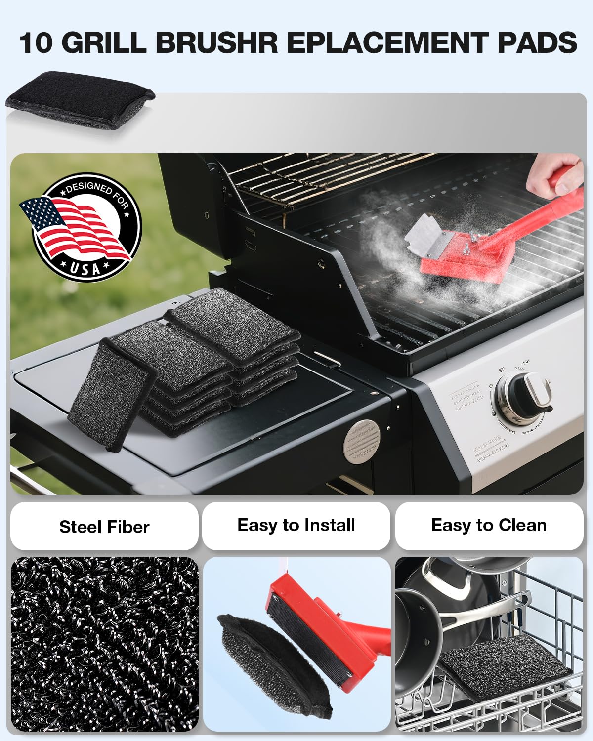 Grillbürste borstenfrei, sicherer Nichtmetalldraht mit Schaber 10 Ersatzköpfe, Dampfgrillrost, Reinigungswerkzeug, Grillreiniger-Zubehör-Set, Outdoor-Gusseisen-Grill-/Grillschrubber
