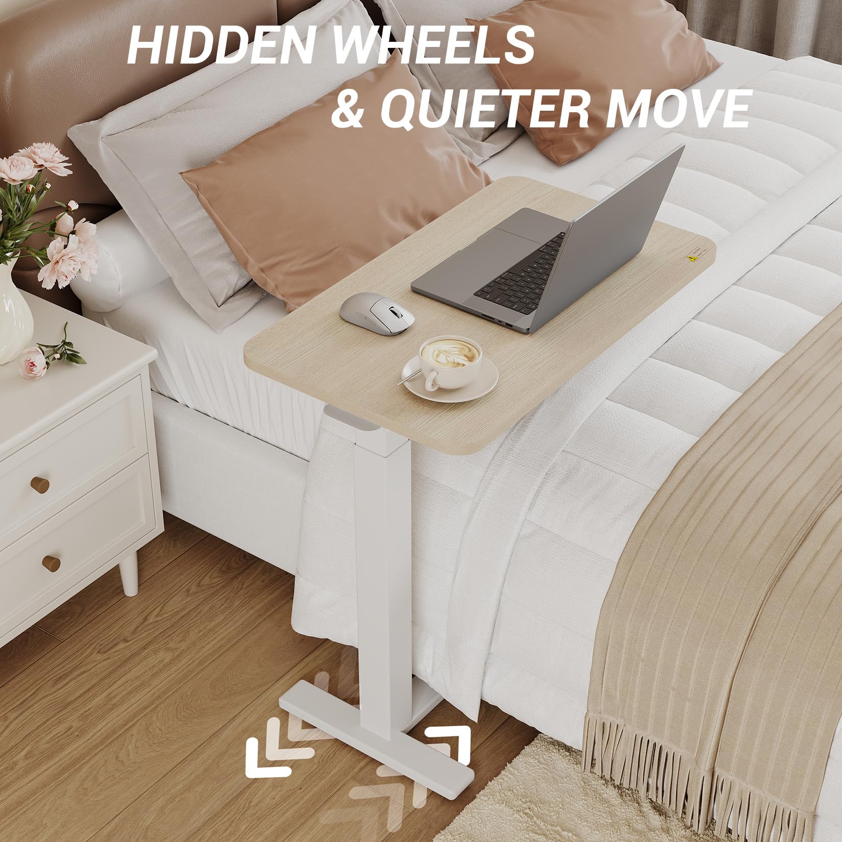 GarveeHome Tavolino Letto Regolabile Ruote Altezza Tramite Sistema Pneumatico, Vassoio TV Pieghevole, Robusto Telaio in Acciaio e Piano Legno, Mobile Per Letto, Divano, Casa o Ufficio