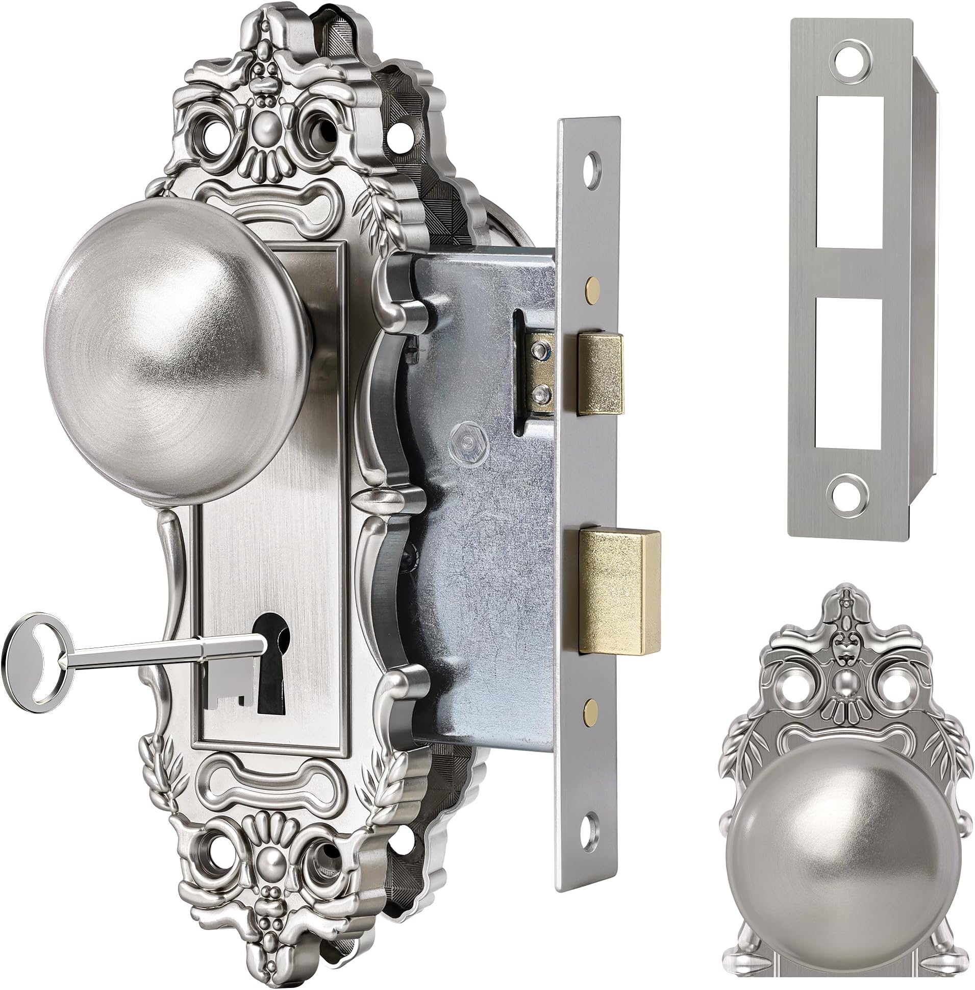Mortise Lock Door Knobs Interior Brushed Nickel Door Knob Antique Door Handle Skeleton Key Privacy Vintage Door Locks for Bedrooms Bathroom