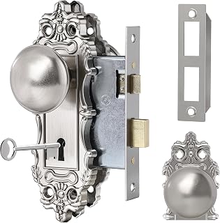Mortise Lock Vintage Privacy Door Knobs Interior, Brushed Nickel | Premium Zinc Alloy, Vintage Lock with Skeleton Key, Ideal for Bedrooms, Bathrooms & Hallways