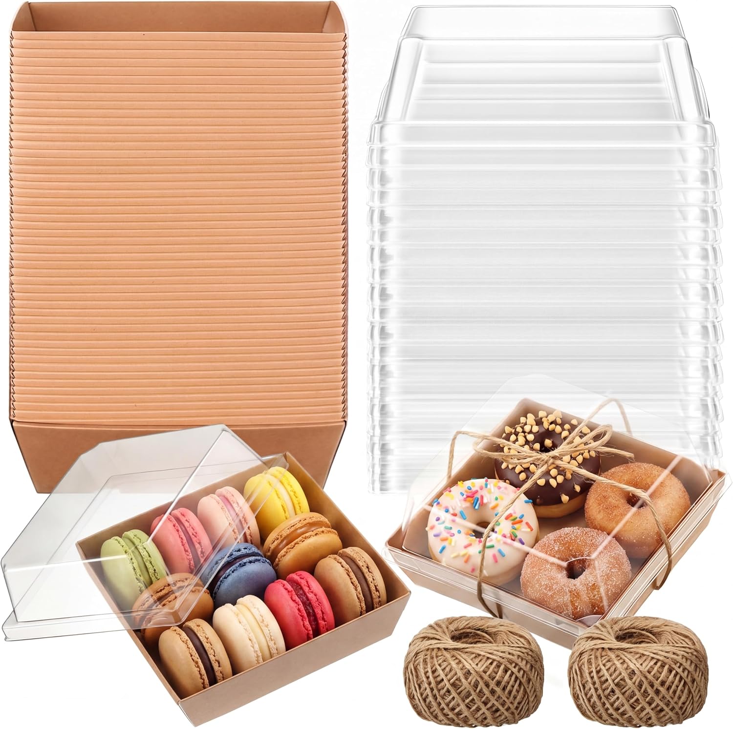 Jetec 300 Pack Charcuterie Boxes with Clear Lids and Rope 4 Inches Cake Disposable Square Dessert Food Box Containers with Lids for Bakery Macaron Cookies Strawberries Fruits Display (Kraft)