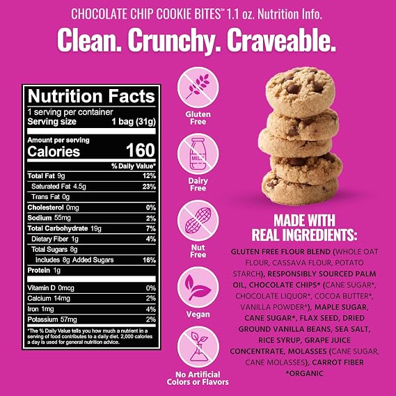 Every Body Eat Chocolate Chip Crunchy Cookie Bites - Gluten Free, Dairy Free, Vegan, Seed Oil Free, Allergy Friendly, School Safe Snacks (1.1oz Pack of 20)