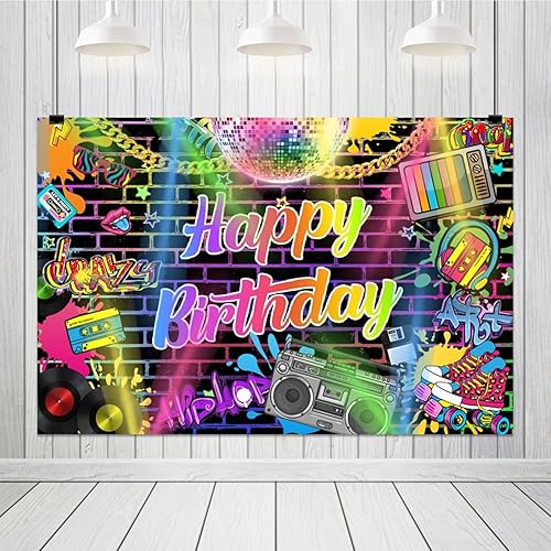 Miniatura 10 de Graffiti - Telón de fondo de cumpleaños de los años 70, 80 y 90, retro, hip hop, fondo de fiesta de cumpleaños, 9 x 6 pies, fondo de fotografía de