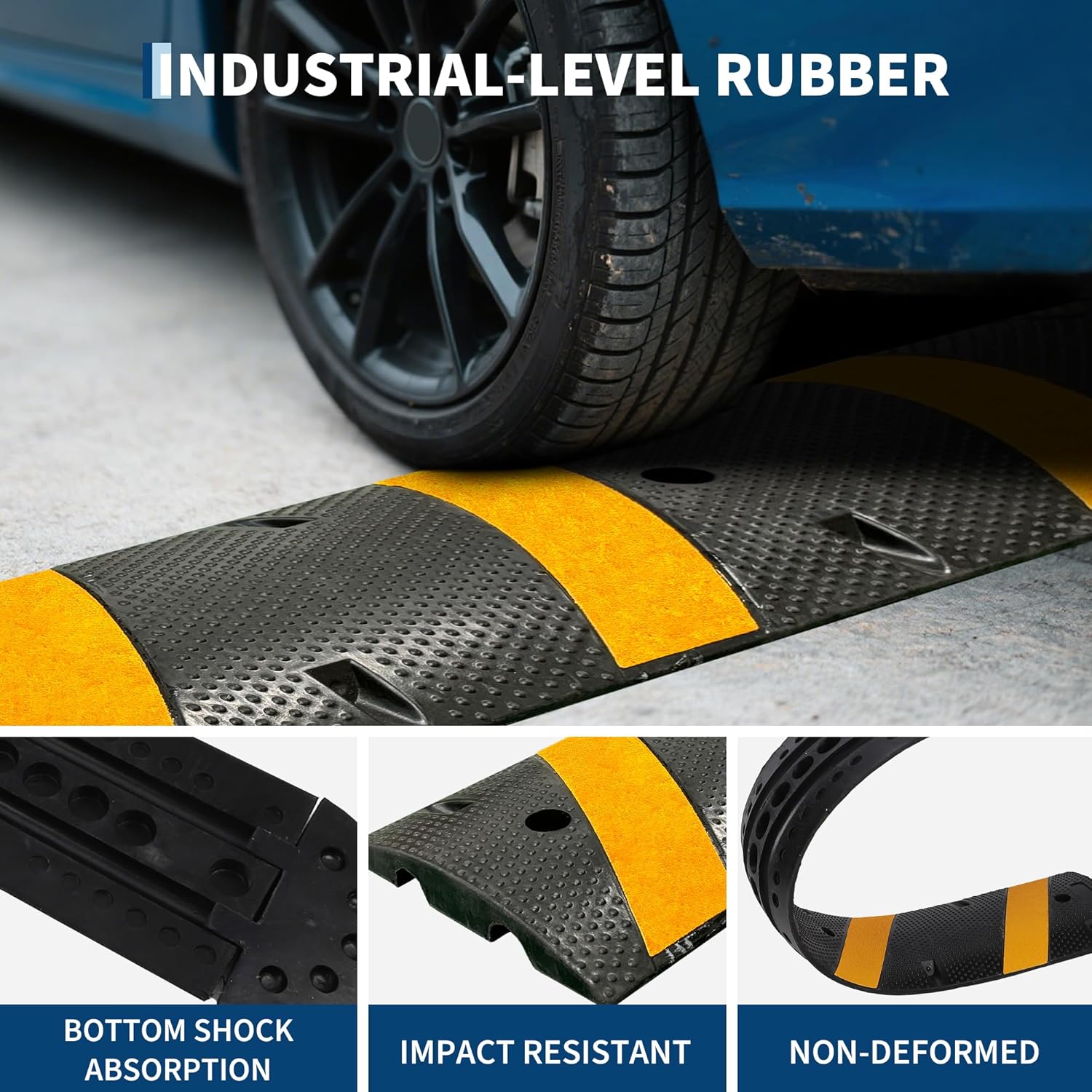 7FT Rubber Speed Bump with 2 End Cap, 1-Pack Speed Bumps for Road, 66000 LBS Capacity Speed Humps with 4 Bolts for Parking Lots