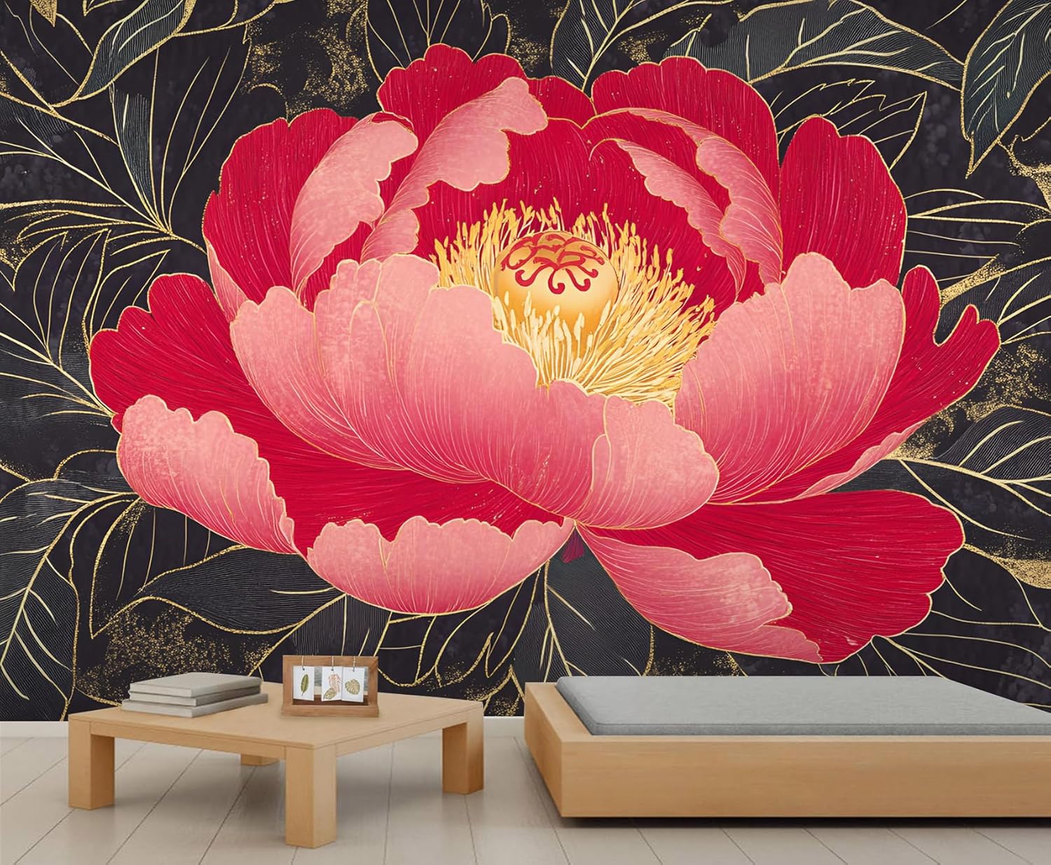 Red Peony Wallpaper, European Floral Murals, Minimalist Floral Mural Wallpaper for Boys and Girls Bedroom Wall Decor Large Photo, 78" x 55" (Not Peel n' Stick)