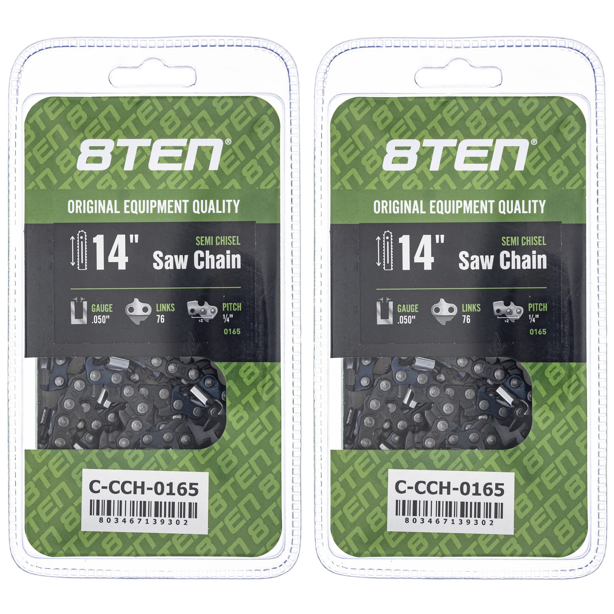 8TEN Semi Chisel Chainsaw Chain 14 Inch .050 1/4 76DL 2 Pack