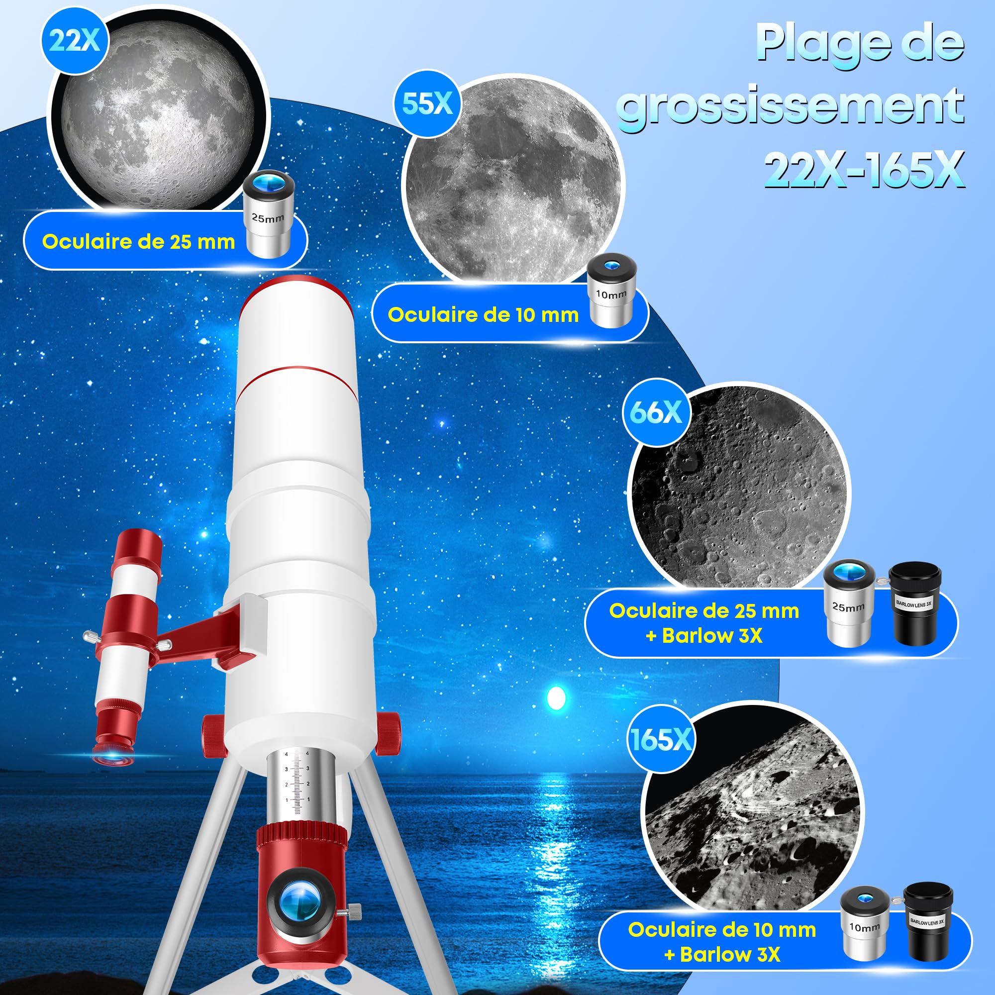 HETEKAN Télescope pour Adultes Enfants et Débutants, Réfracteur Portatif 90mm 550mm (22X-165X) avec Trépied AZ, Adaptateur Téléphone, Sac de Transport et Autocollants Décoratifs