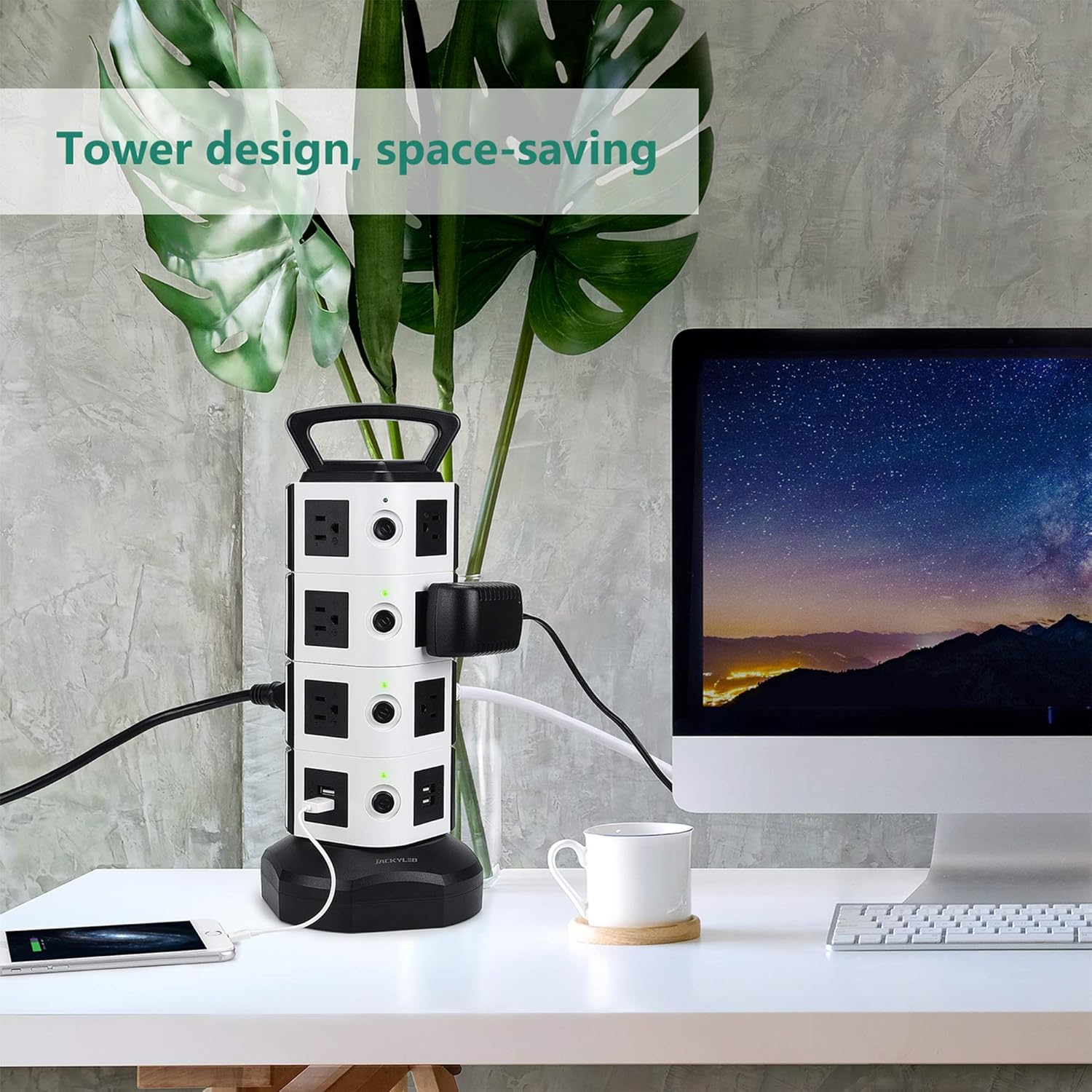 🔥 Flash Sale JACKYLED Power Strip Tower 14 Outlet Plugs with 4 USB Slot 6.5ft Cord Wire Extension 3000W Surge Protector Socket Charging Station for PC Laptops Mobile Devices