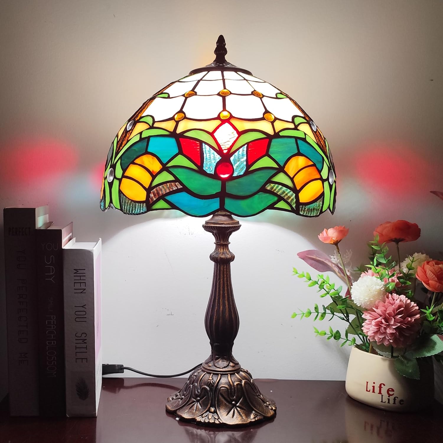 Tiffany Table Lamp Green Flowers Style Stained Glass Desk Light 12 Inch Tiffany Style Bedside Lamp with LED Bulb for Bedroom Living Room Office Decor