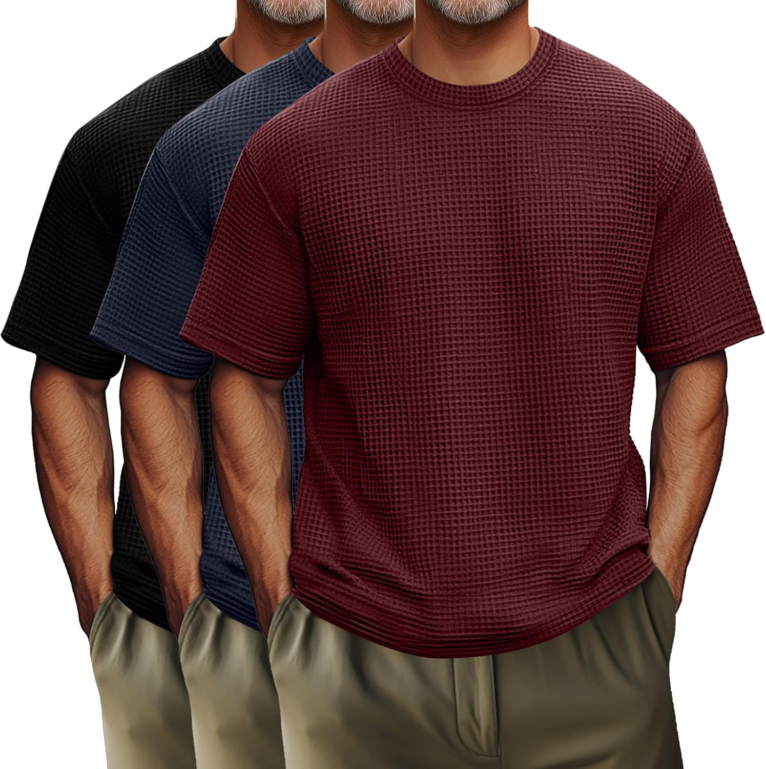 Riyiper 3 Pack Men's Big and Tall Waffle T Shirts, Short Sleeve Crew Neck Tops Casual Textured Knit Pullover Lightweight Tees(Black, Navy, Wine,5X-Large)