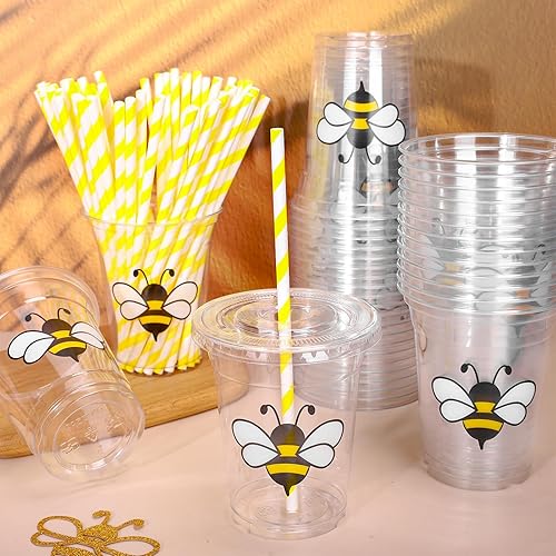 Miniatura 4 de Whaline 50 vasos de plástico desechables de abeja con tapas y pajitas de 12 onzas, vasos de fiesta de 12 onzas para bebidas frías de abeja, para