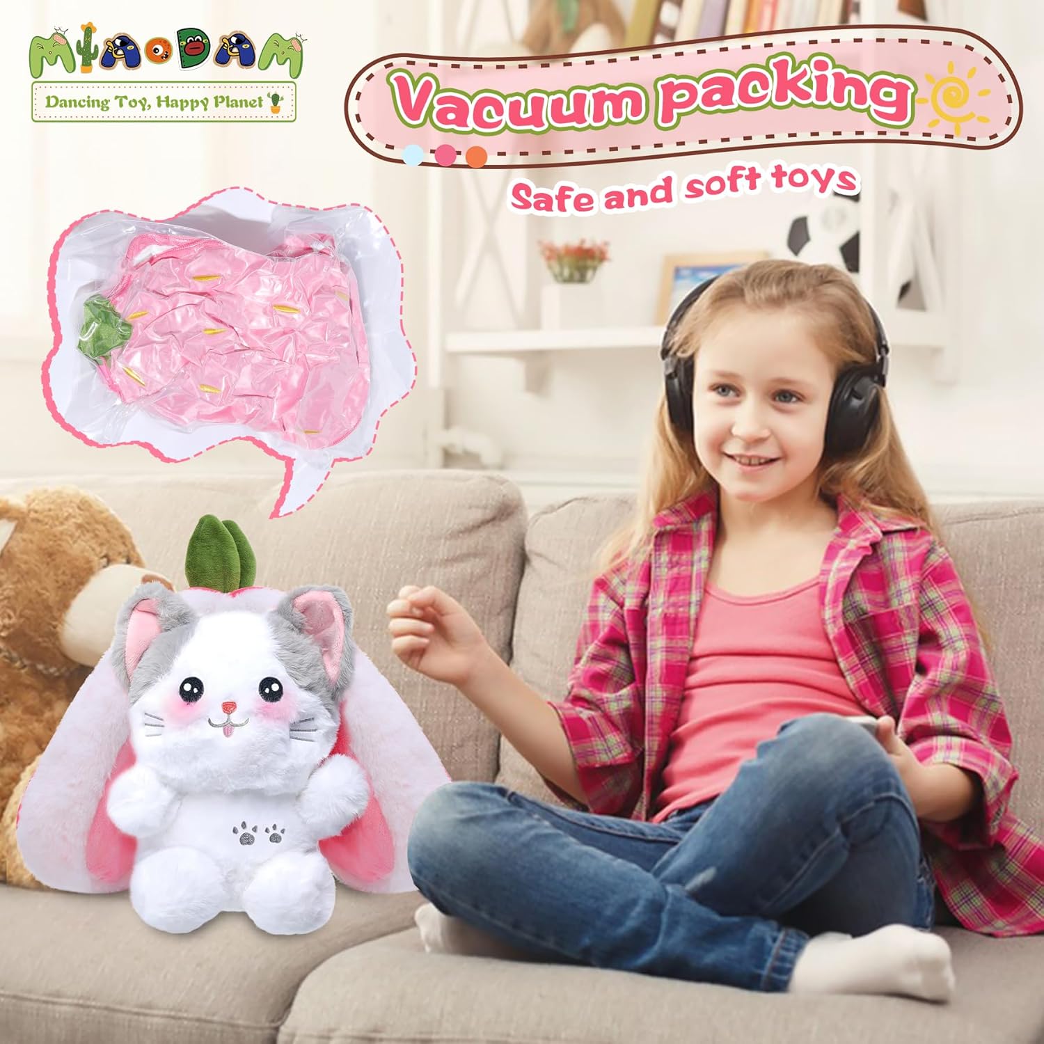 MIAODAM Easter Cat Toys, Stuffed Cat Plush, Kawaii Squishy Cute Strawberry Turn Into Cat Plush, Funny Plushies Toy for Kid & Adult (Strawberry Cat, 11.8inch)