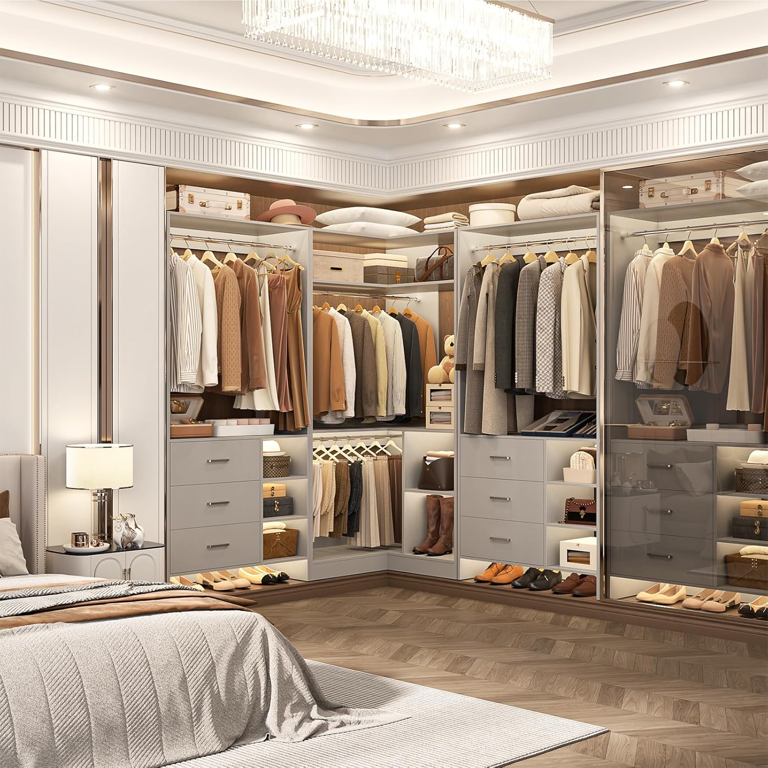 A spacious walk-in closet featuring the Aheaplus closet system in a bedroom setting, with ample storage for clothes, shoes, and accessories.