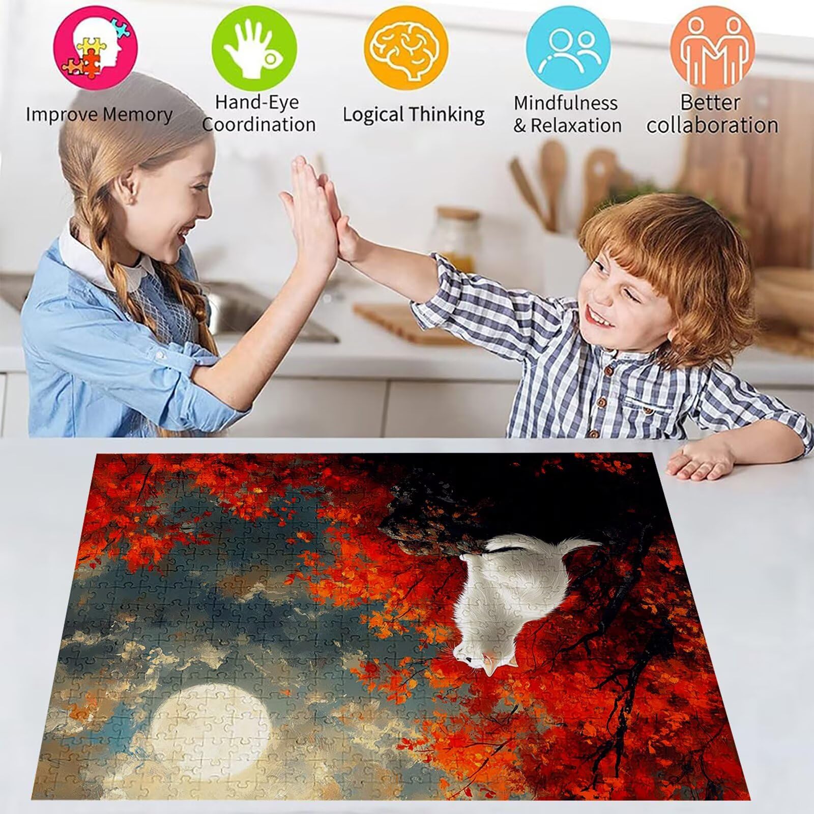 Puzzle 3000 elementów kot puzzle dla dorosłych księżyc 122 x 81 cm Unikalne rzemiosło klasyczne 3D drewniana układanka do rodzinnych gier aktywnych, układanka do samodzielnego wykonania nawet do