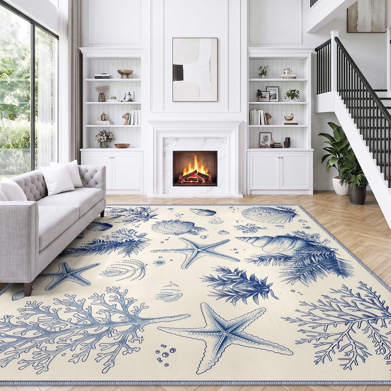 Generisch Seegras Koralle Seestern Waschbarer Teppich Wohnzimme 120x170 cm, Weich Kurzflor rutschfest Vintage Handgemalt Spaß Teppich für Schlafzimmer Esszimmer Büro