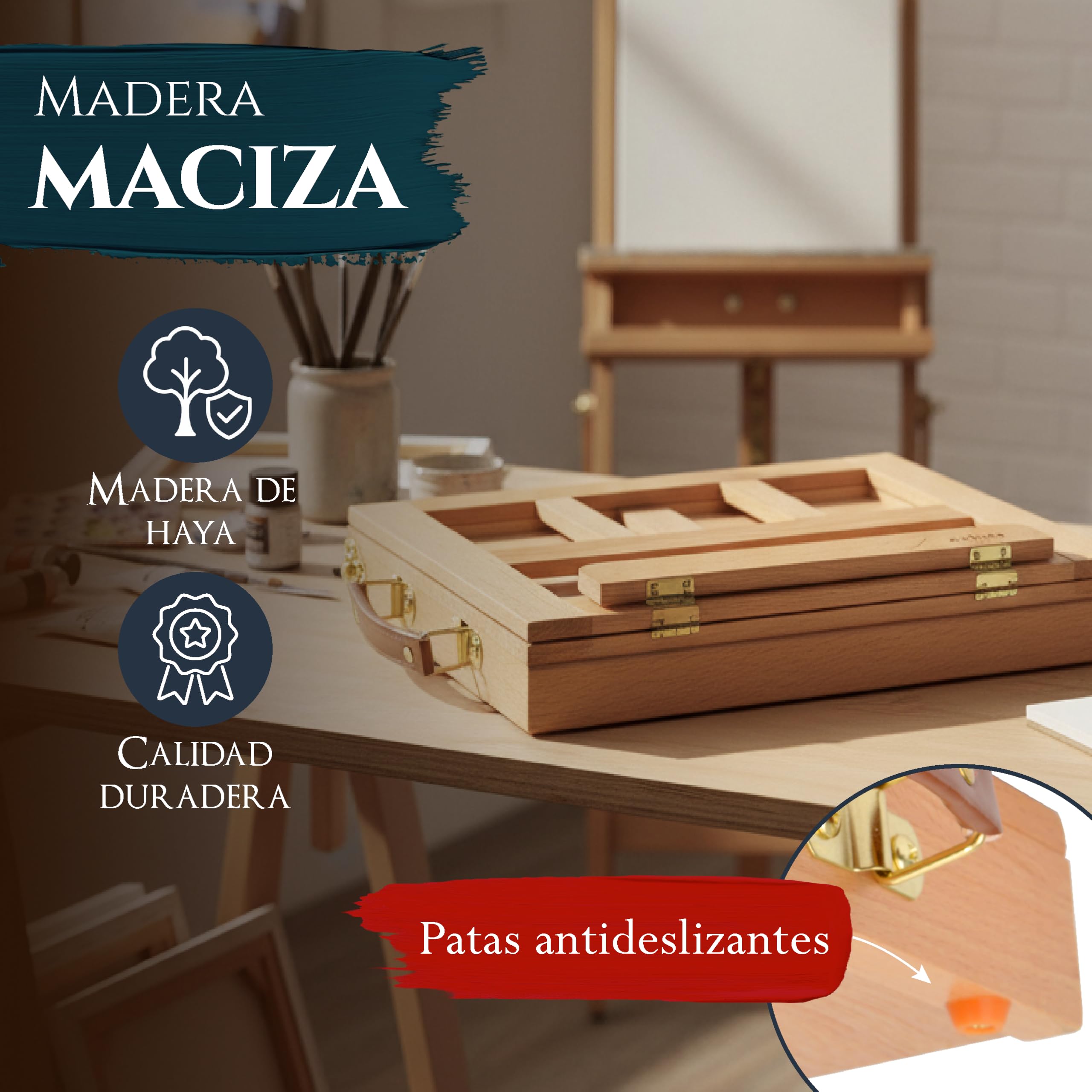 Artina Colmar Caballete de mesa de madera de haya lubricada – Tablero de dibujo estable y ajustable con almacenamiento para pintar y dibujar – Caballete de mesa antideslizante en estuche | Caballete ajustable para pintar y dibujar, antideslizante en malet