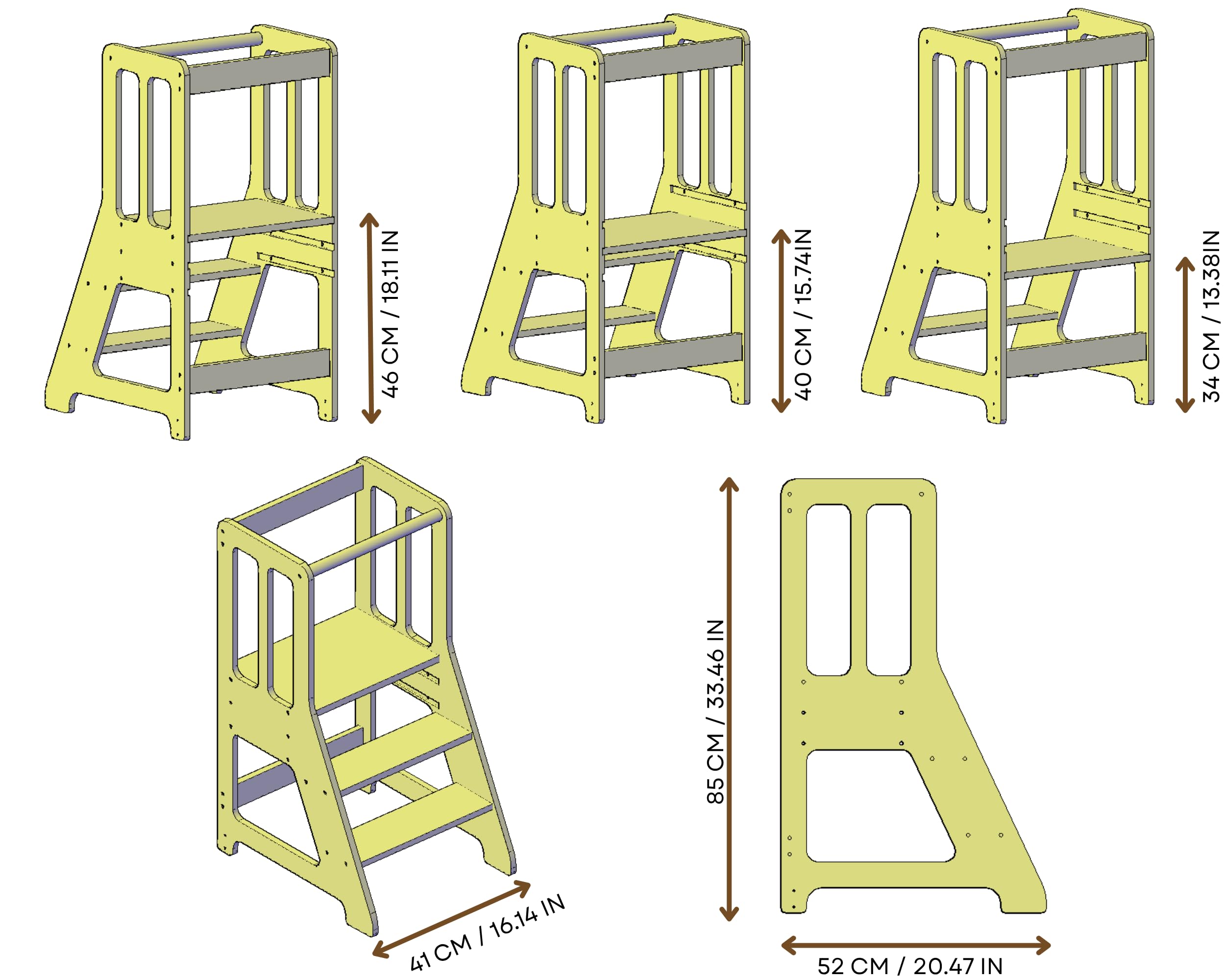 Montessori - Torre de aprendizaje para niños pequeños, taburete de cocina ajustable de 3 niveles, madera contrachapada de abedul báltico, no tóxica, barra de seguridad extraíble, torre
