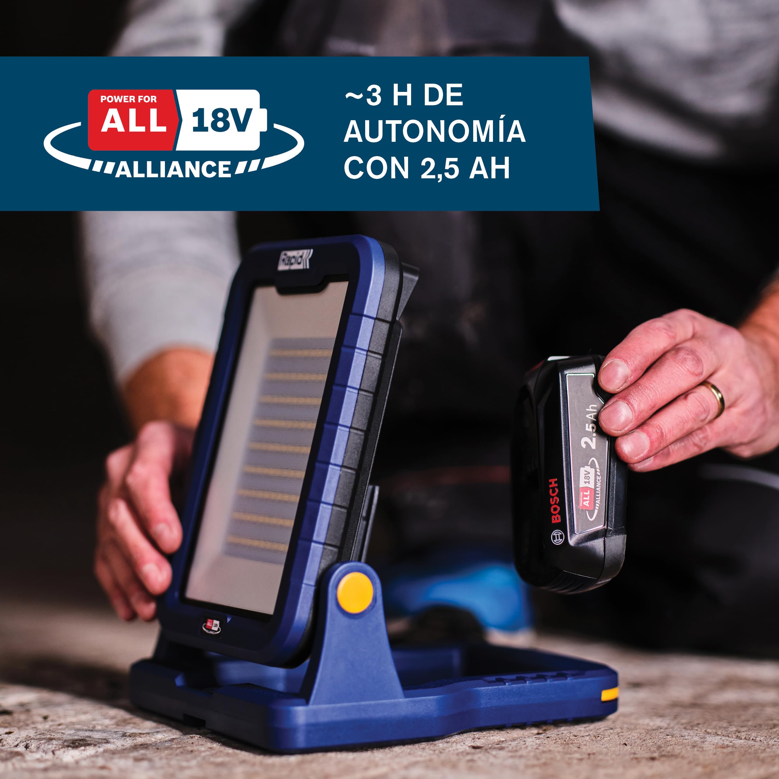 Rapid Luz de trabajo LED BWL2400 18V, luz de trabajo LED inalámbrica a batería, 2400 lúmenes, cabezal inclinable 180°, soporte para trípode, gancho, para lugares de trabajo, sin batería ni cargador