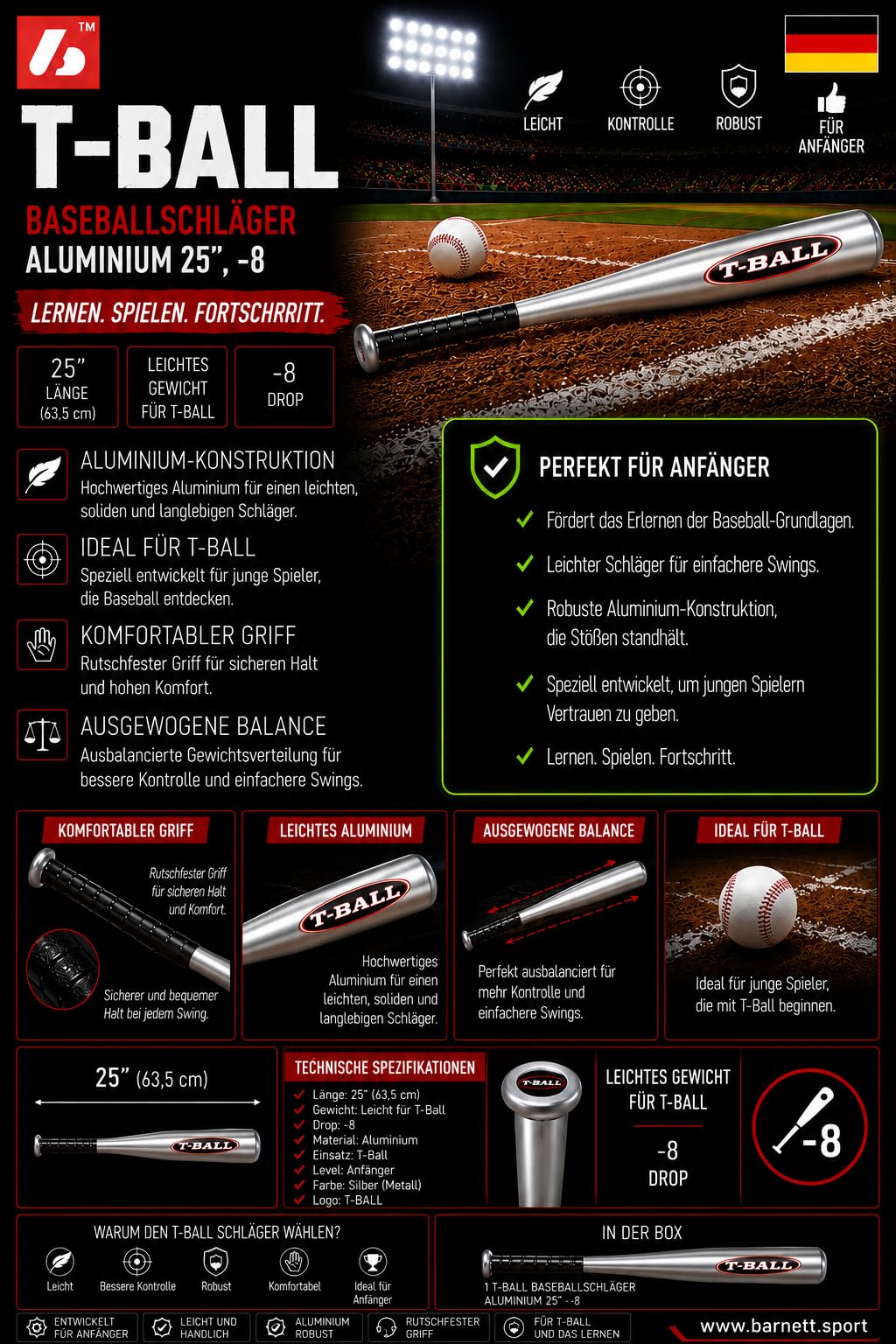 BARNETT T-Ball - Mazza da baseball in alluminio, misura 63,5 cm, metallo argentato