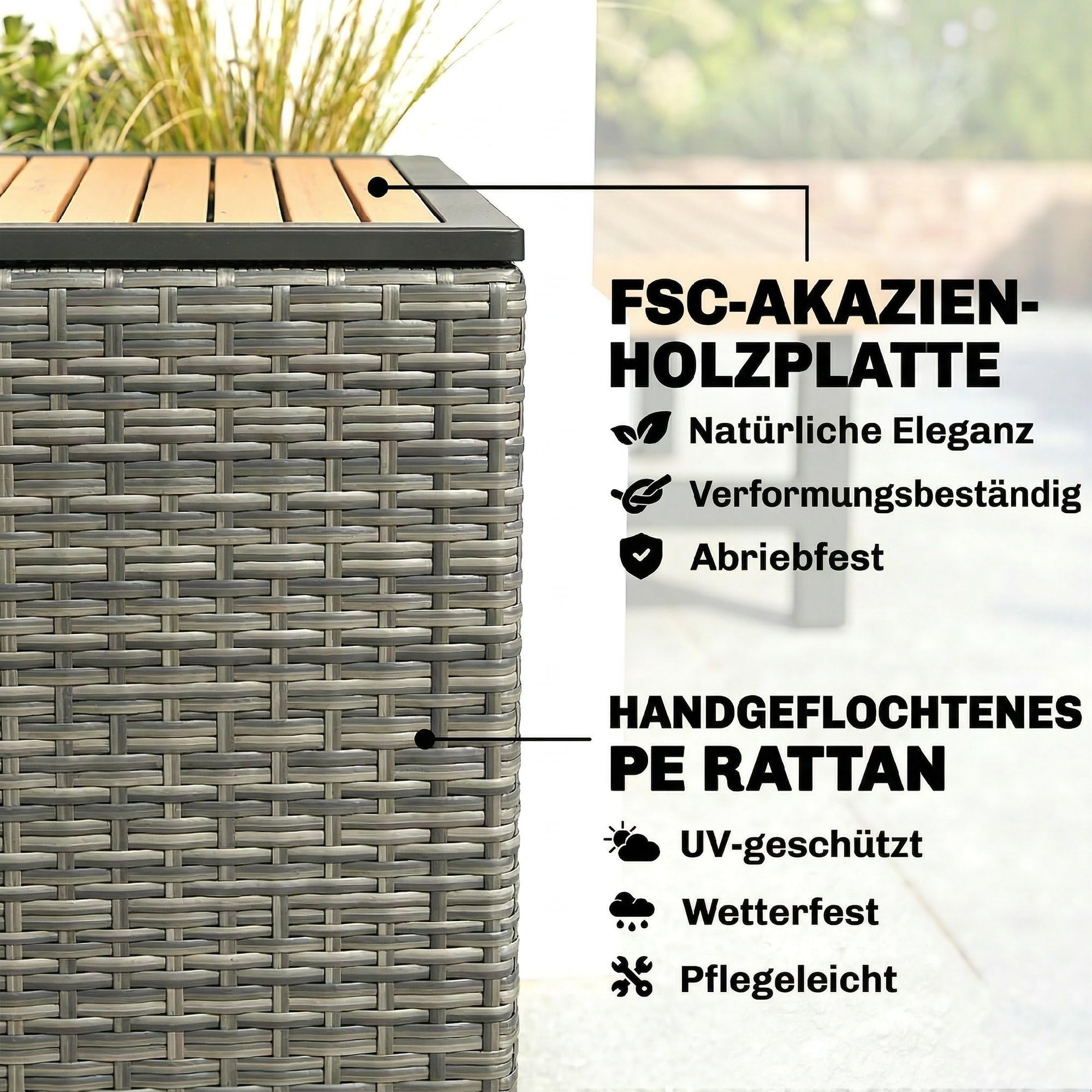 Outsunny Skrzynka ogrodowa 2 w 1, 450 l, z polirattanu, wodoszczelna, z pokrywą z drewna akacjowego FSC, sprężyny gazowe, wyściółka wewnętrzna, odporna na działanie warunków atmosferycznych, pudełko