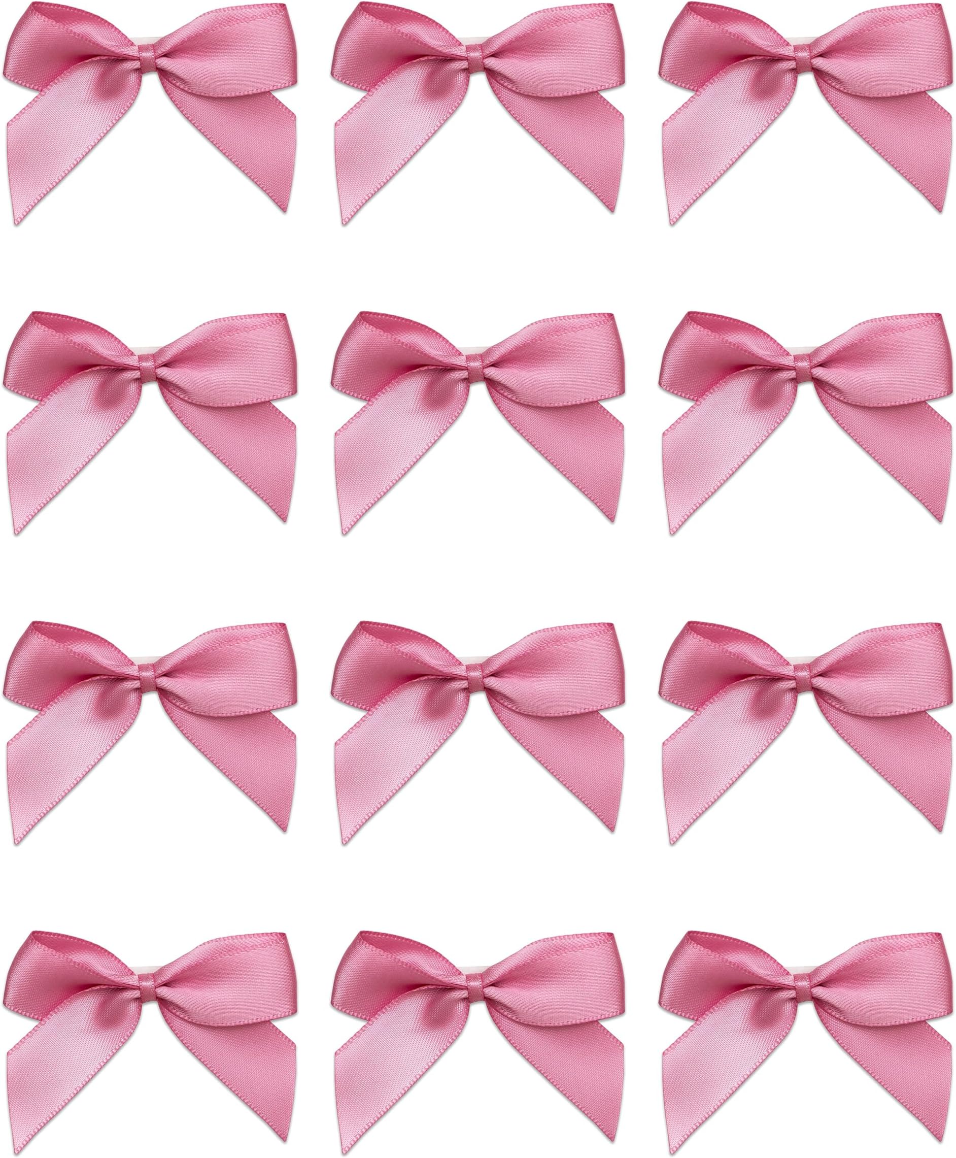 Small Satin Ribbon Bows, Self Adhesive Bow Decorations for Crafts, Gift Wrap, Hampers, Hair Bows, Wedding Stationery, Floristry, Christmas, Cakes, Crafting, Antique Pink, 12 Pack, 5 cm