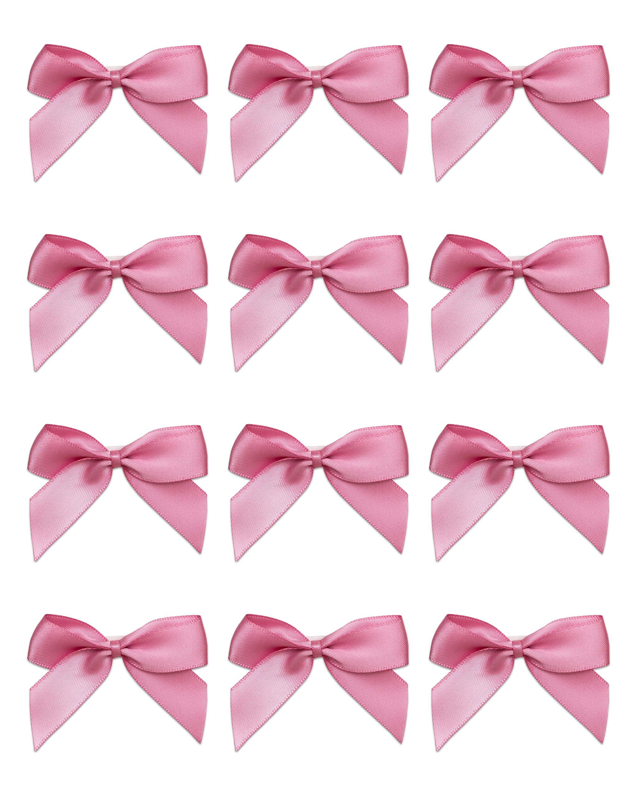 Small Satin Ribbon Bows, Self Adhesive Bow Decorations for Crafts, Gift Wrap, Hampers, Hair Bows, Wedding Stationery, Floristry, Christmas, Cakes, Crafting, Antique Pink, 12 Pack, 5 cm