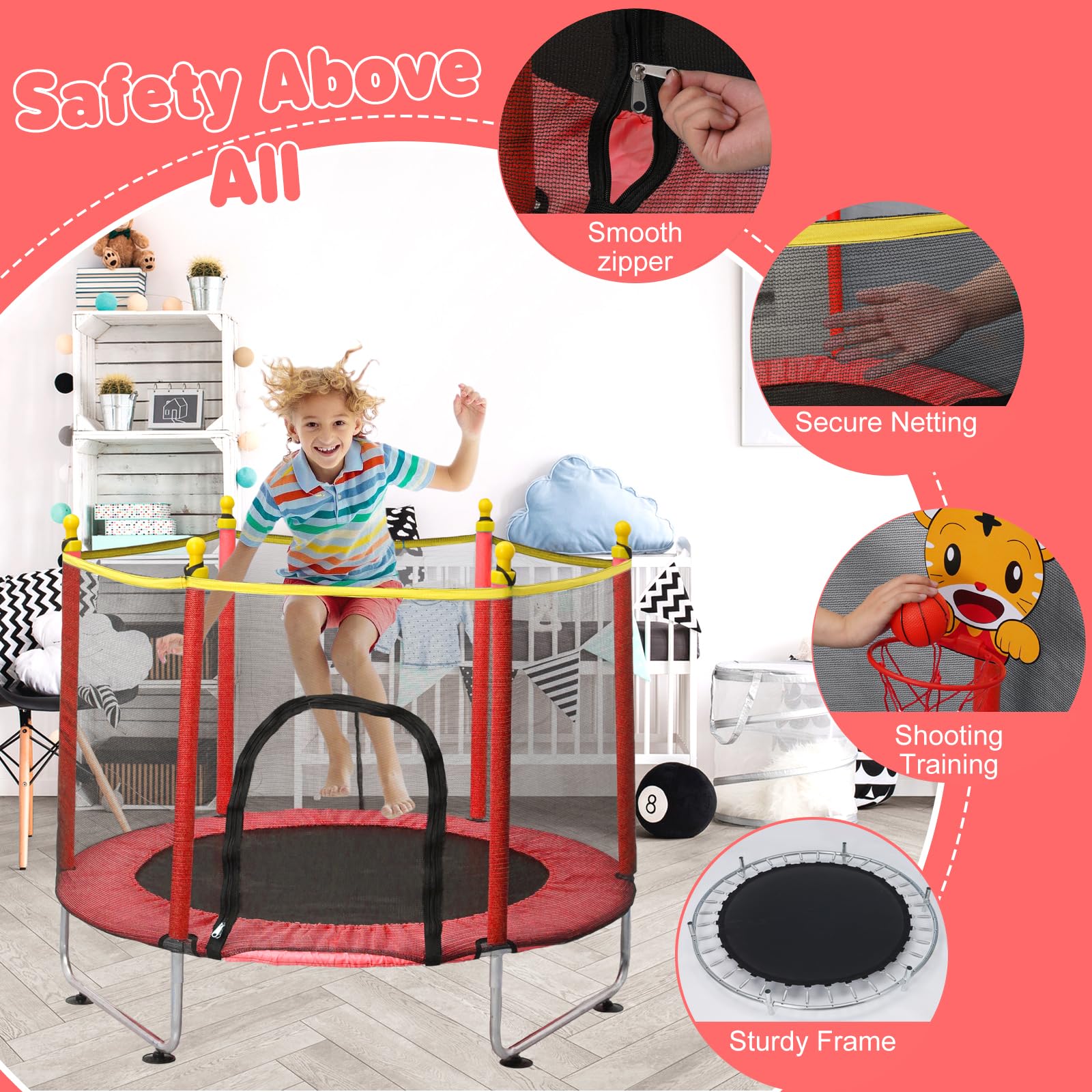 Dziecięca trampolina 140 cm, Trampolim Criança na zewnątrz z siatką bezpieczeństwa, wewnętrzne elastyczne łóżka z koszem do koszykówki, trampoliny dla dzieci 2 3 lata